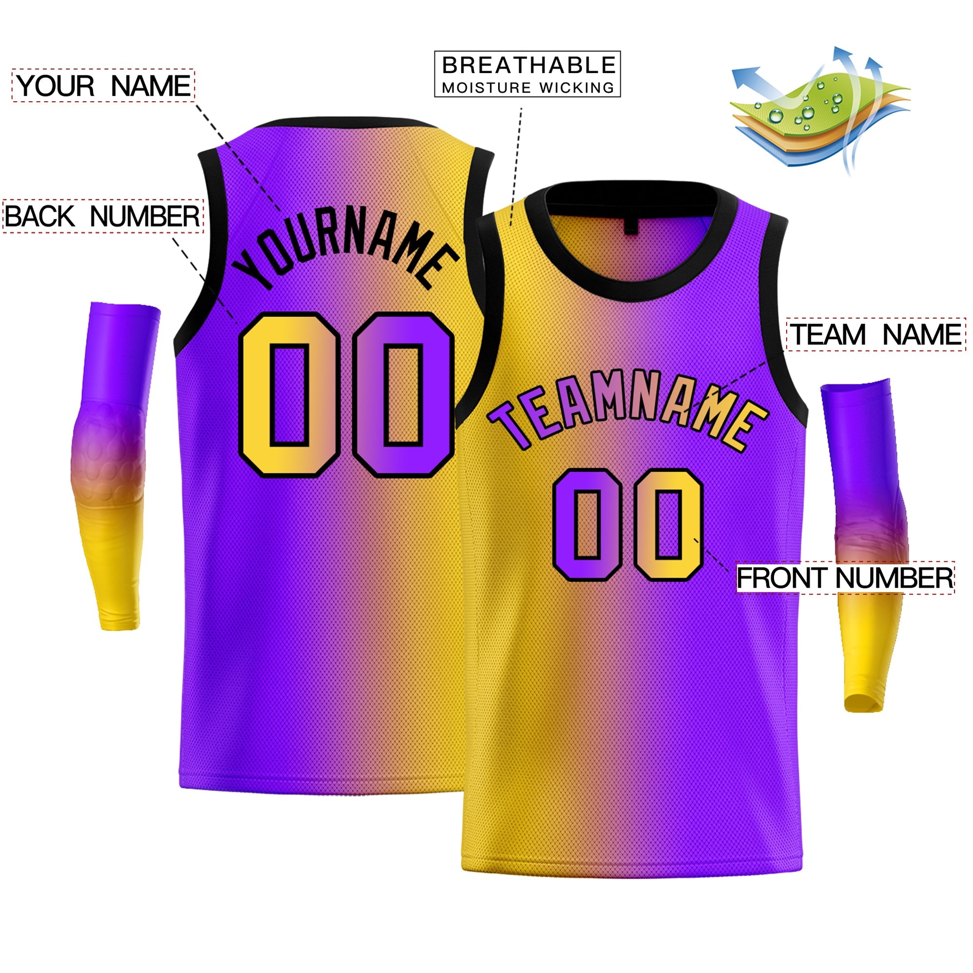 Maillot de basket-ball personnalisé, dégradé jaune violet-noir, hauts à la mode