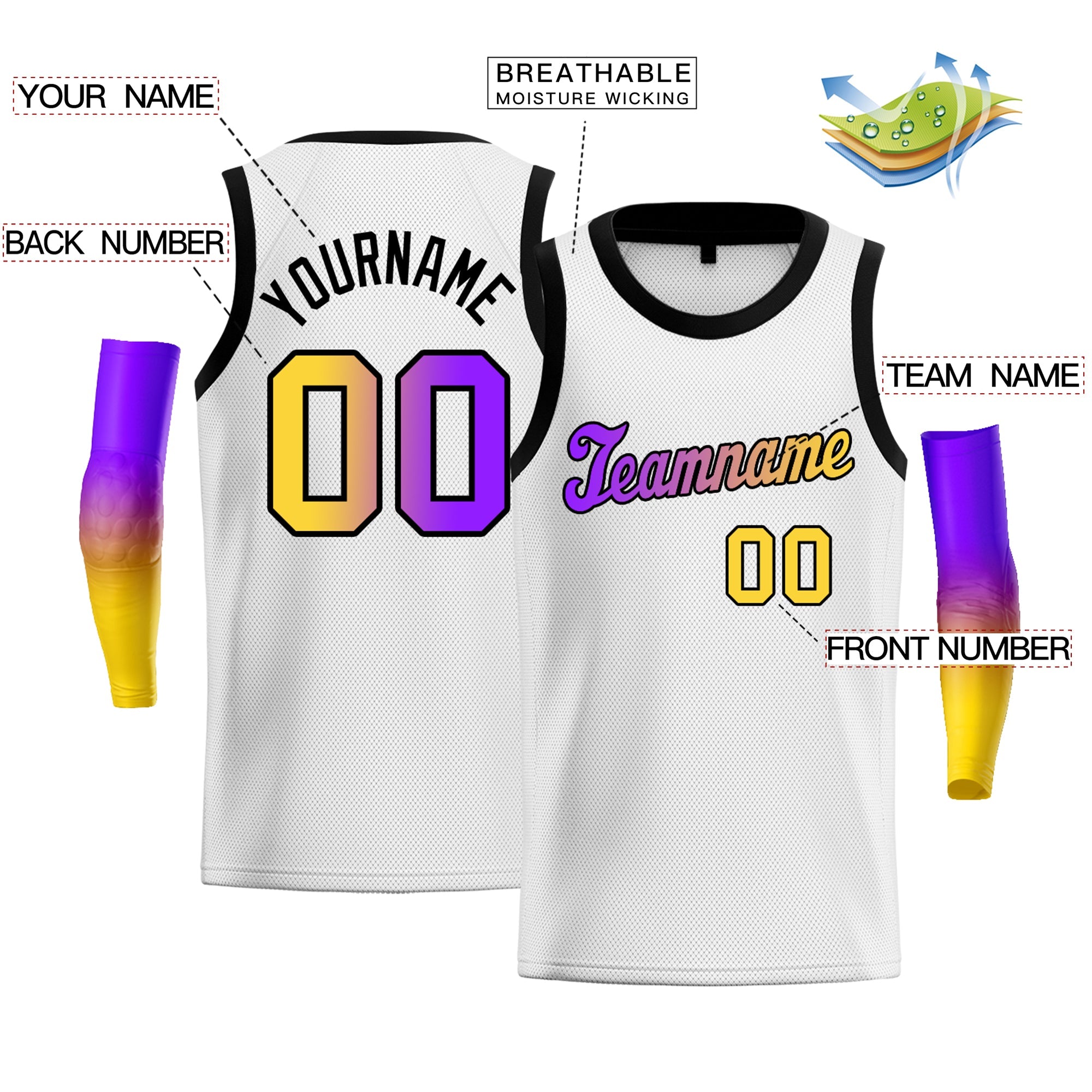 Maillot de basket-ball personnalisé, blanc, jaune, violet-noir, dégradé, hauts à la mode