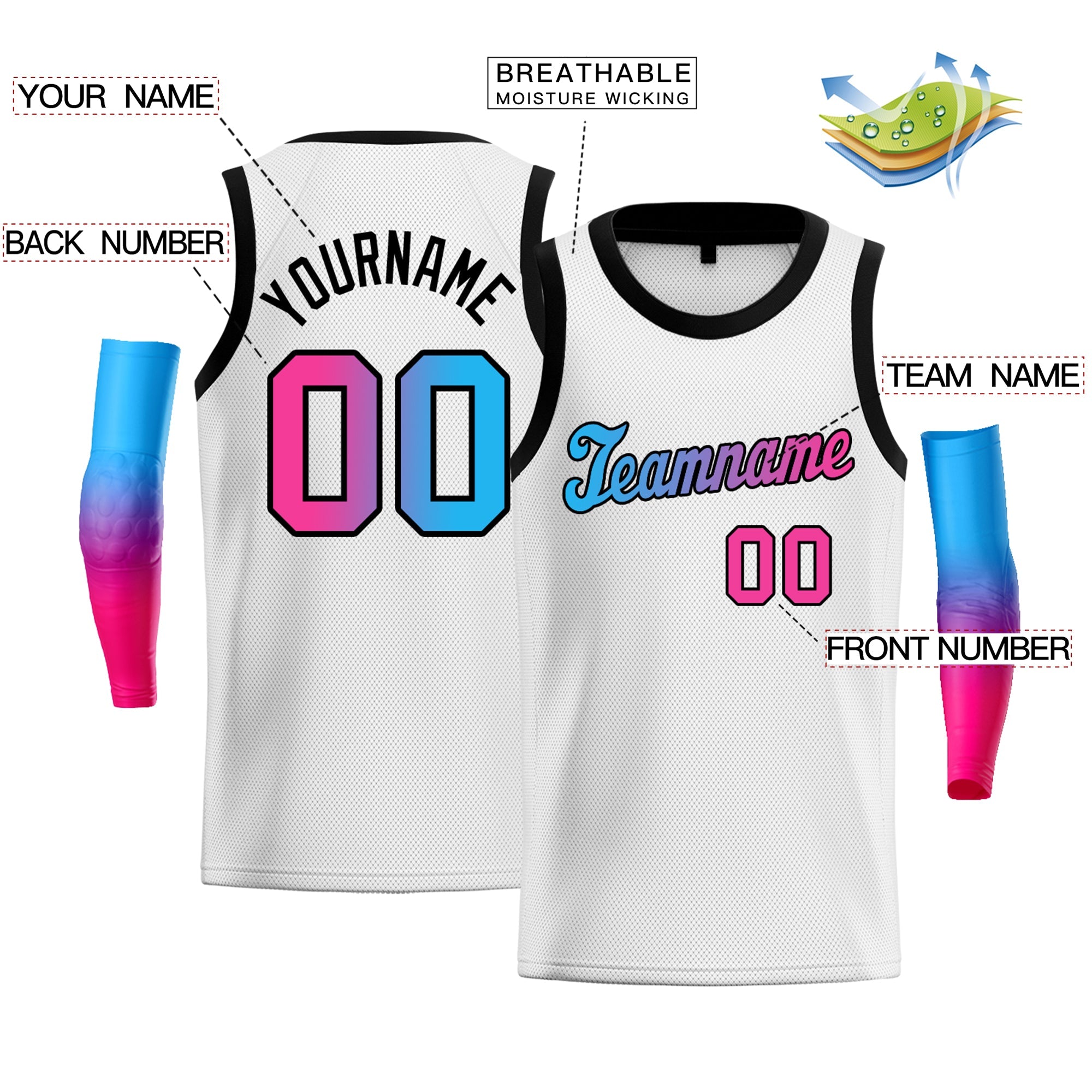 Custom White Blue Pink-Black Gradient Fashion Tops Basketball Jersey