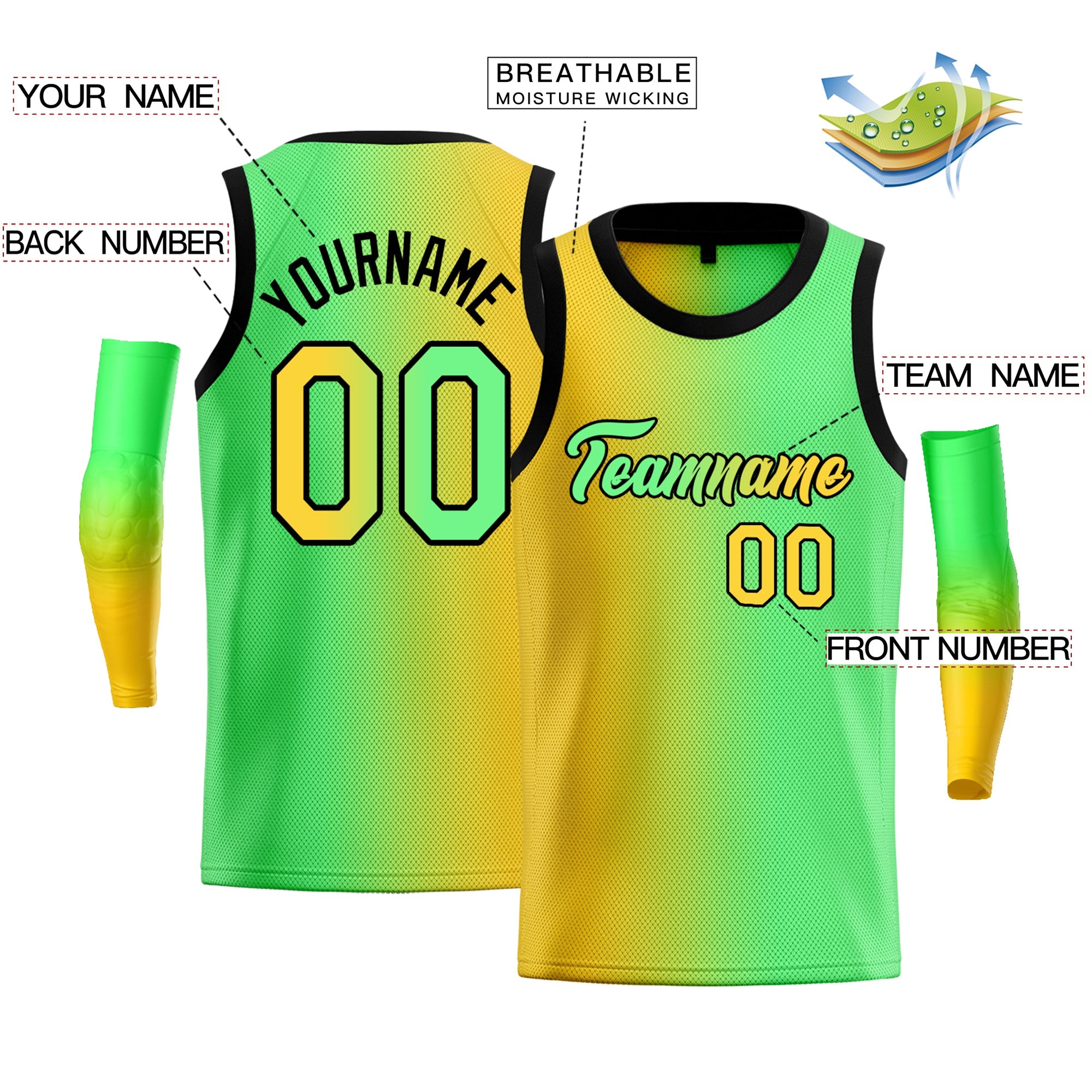 Custom Yellow Green-Black Gradient Fashion Tops Basketball Jersey