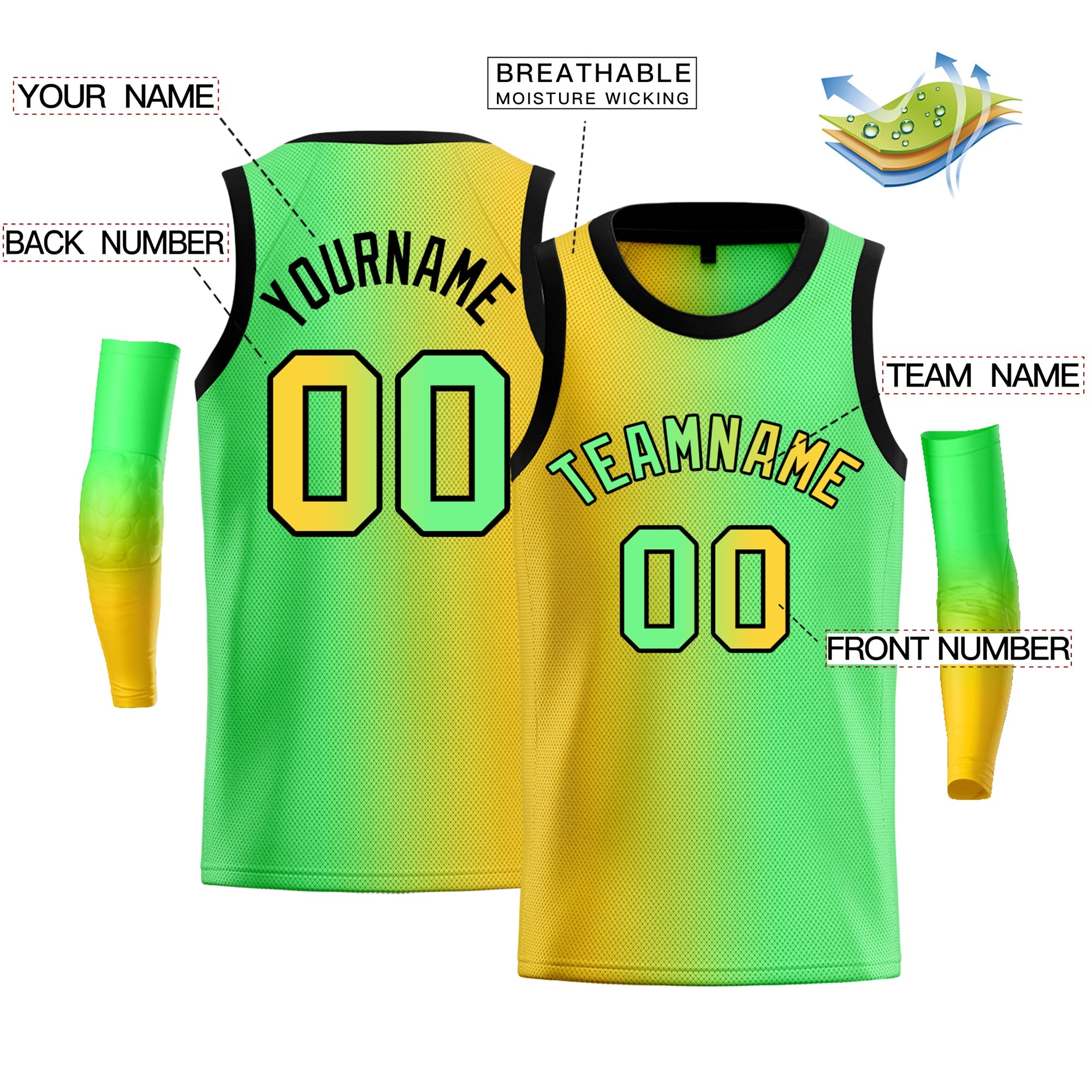 Custom Yellow Green-Black Gradient Fashion Tops Basketball Jersey