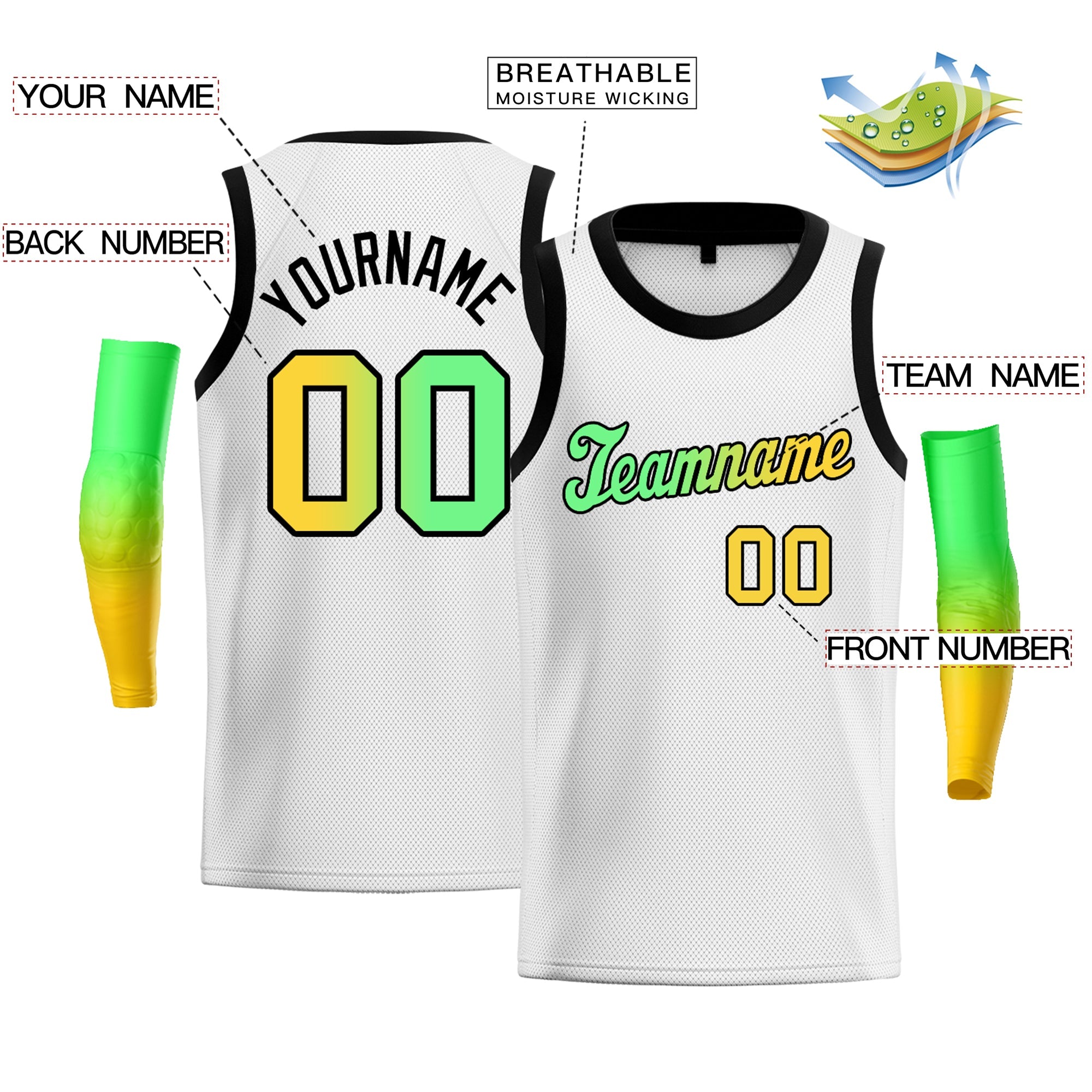 Custom White Yellow Green-Black Gradient Fashion Tops Basketball Jersey