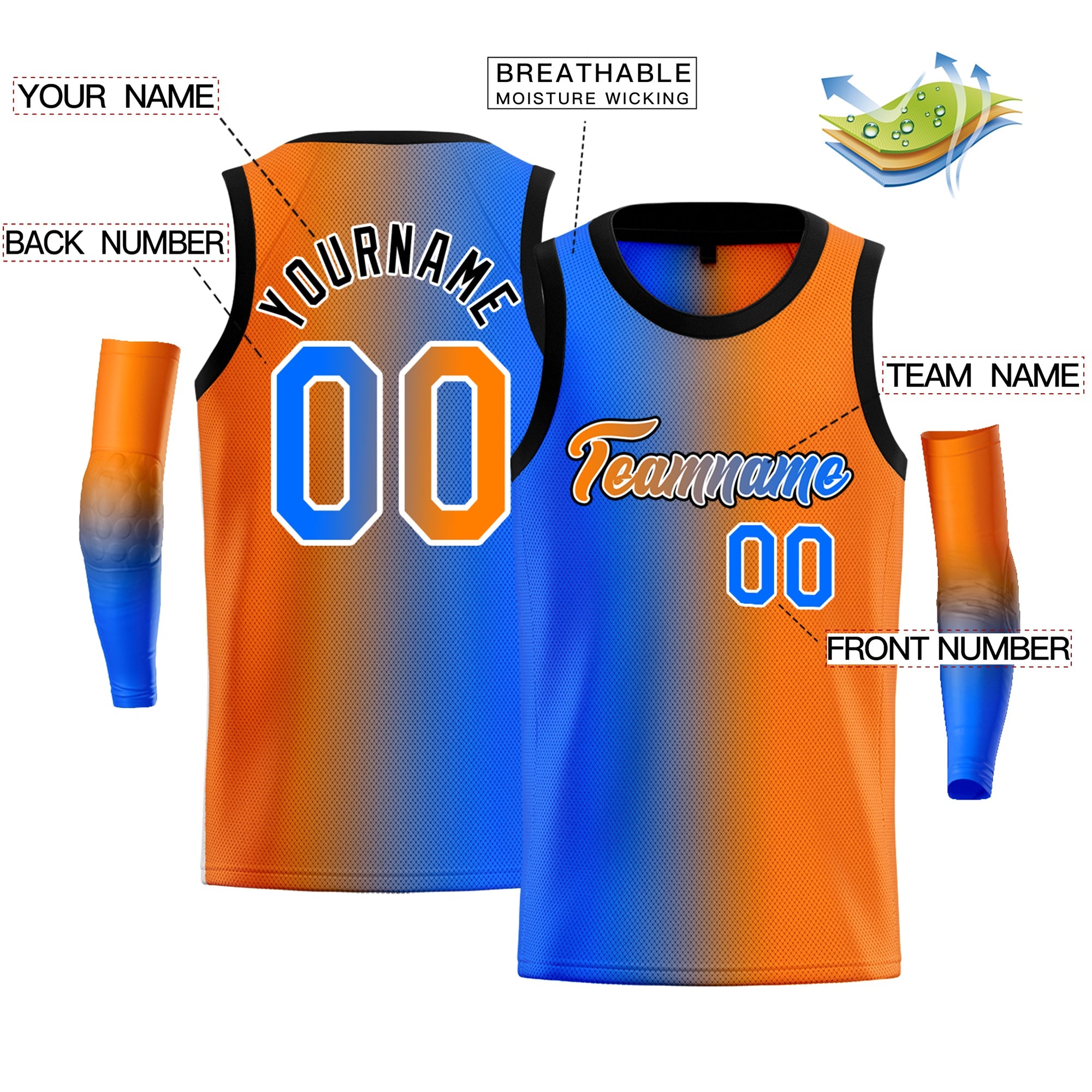 Custom Blue Orange-White Gradient Fashion Tops Basketball Jersey