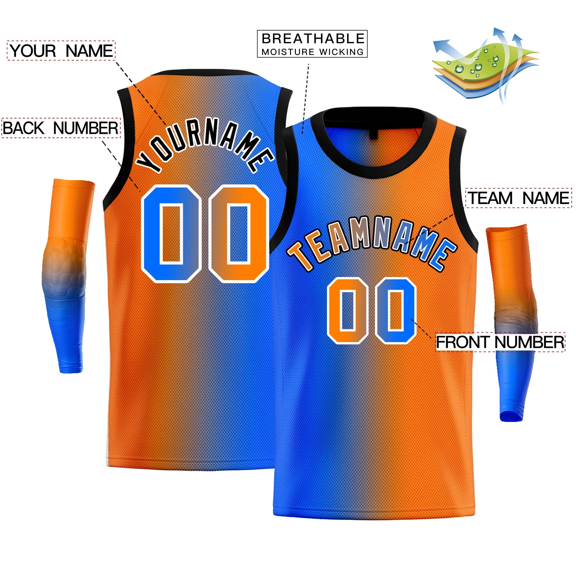 Custom Blue Orange-White Gradient Fashion Tops Basketball Jersey