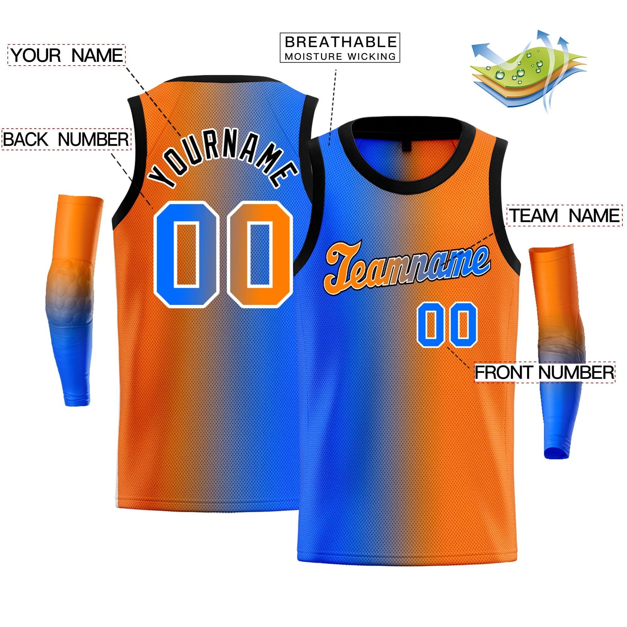 Custom Blue Orange-White Gradient Fashion Tops Basketball Jersey