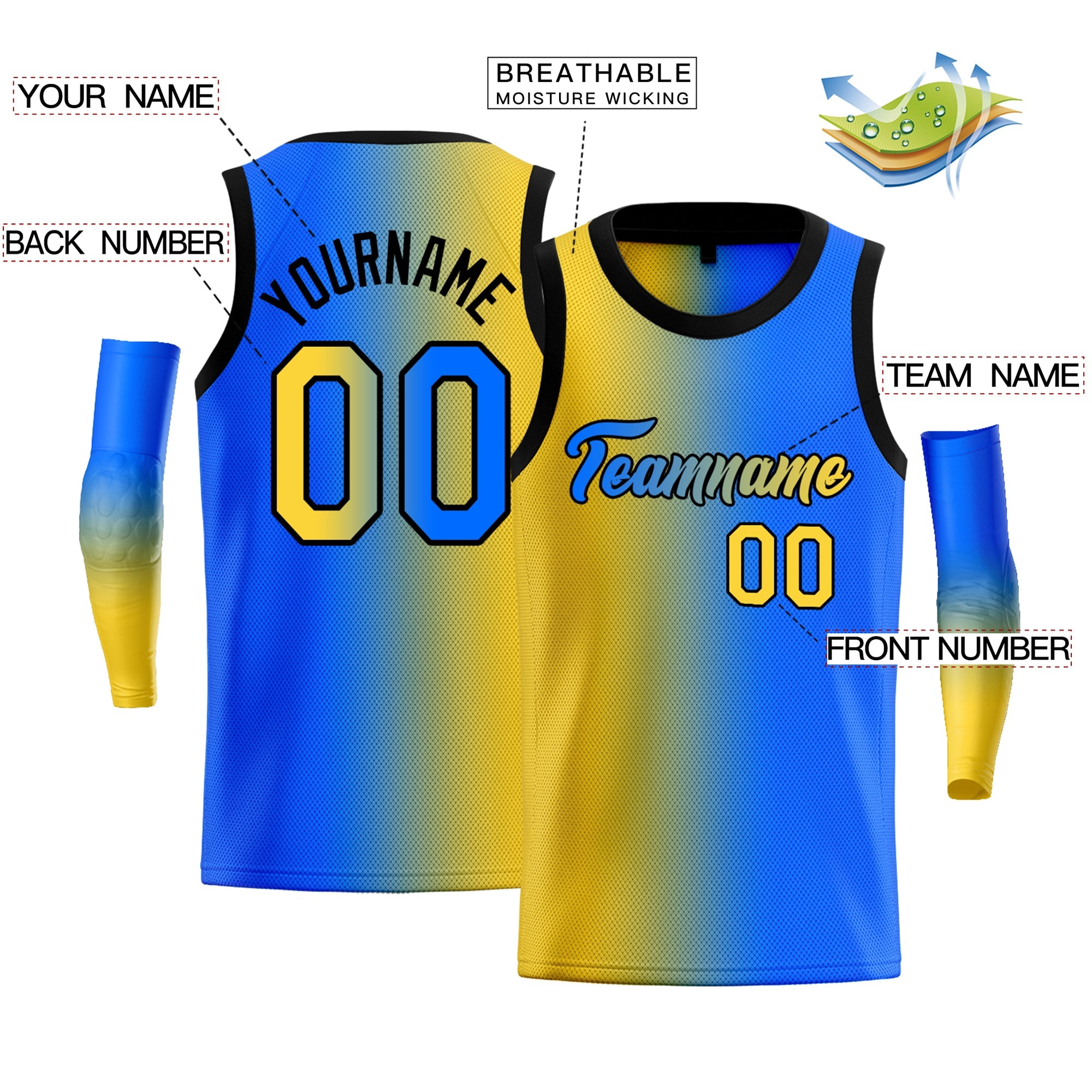 Custom Yellow Blue-Black Gradient Fashion Tops Basketball Jersey