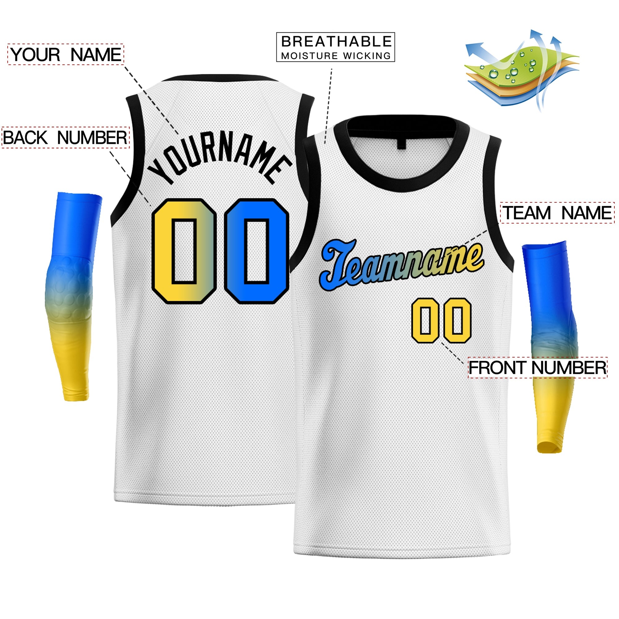 Maillot de basket-ball personnalisé, haut à la mode, dégradé blanc, bleu, jaune-noir, personnalisé