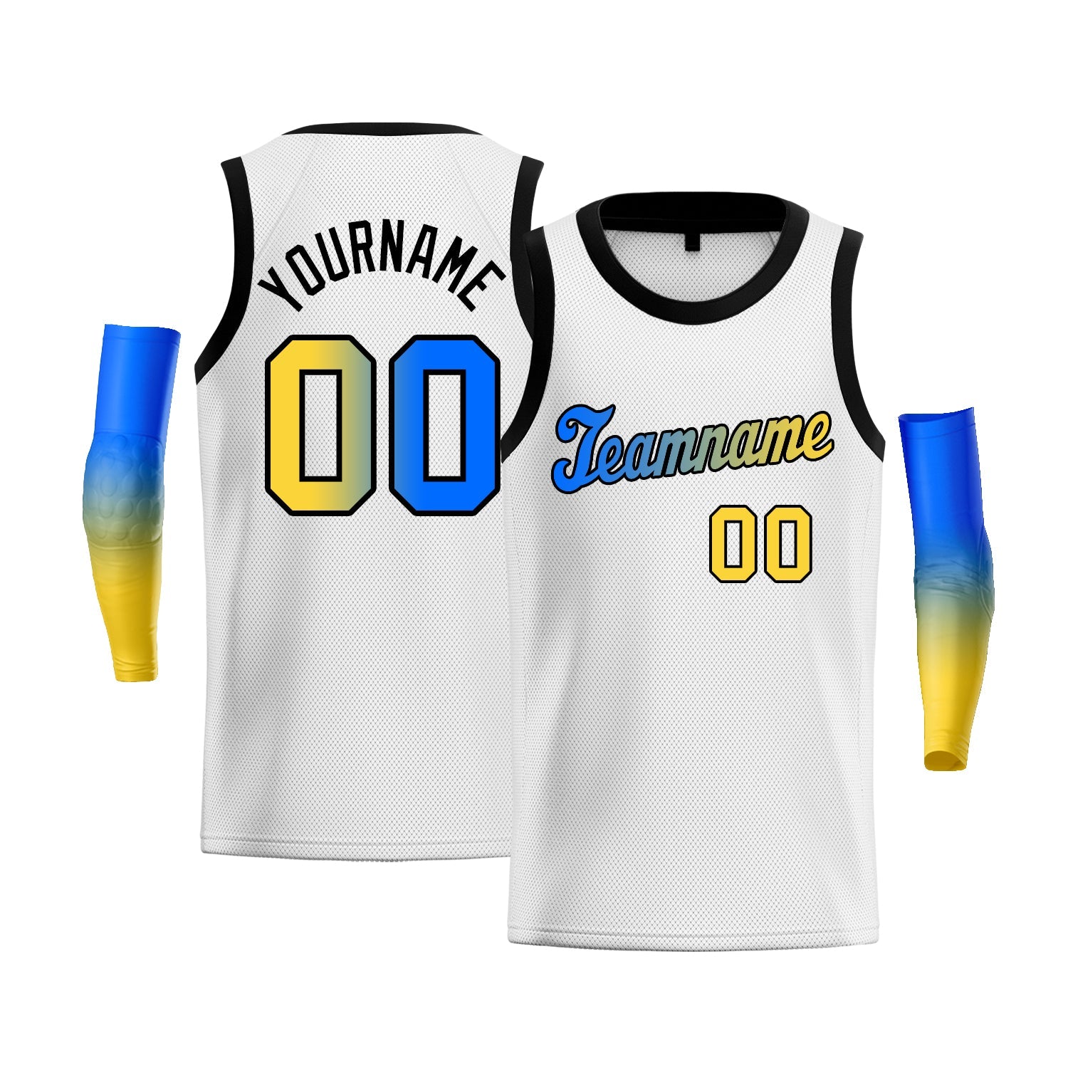 Maillot de basket-ball personnalisé, haut à la mode, dégradé blanc, bleu, jaune-noir, personnalisé