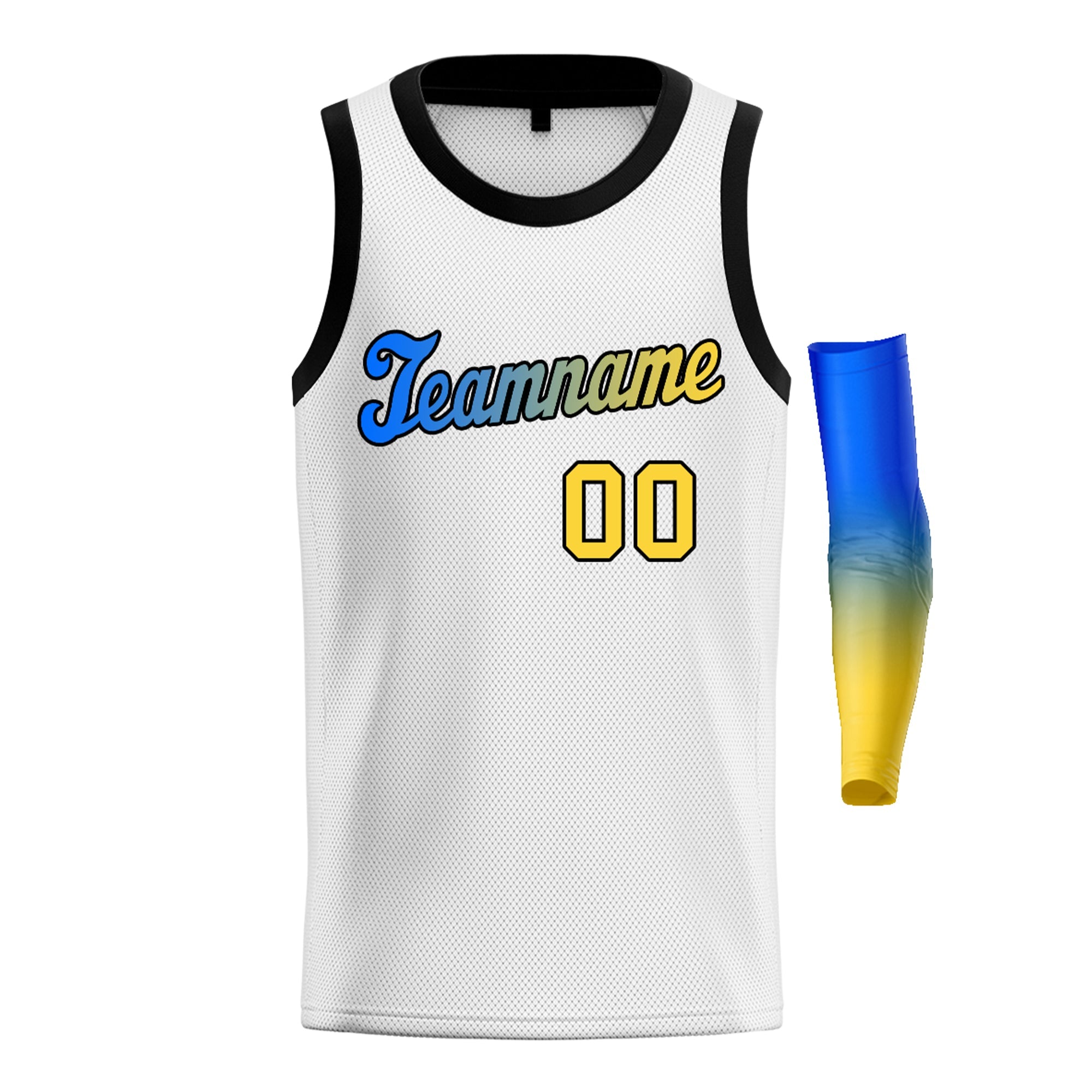 Maillot de basket-ball personnalisé, haut à la mode, dégradé blanc, bleu, jaune-noir, personnalisé