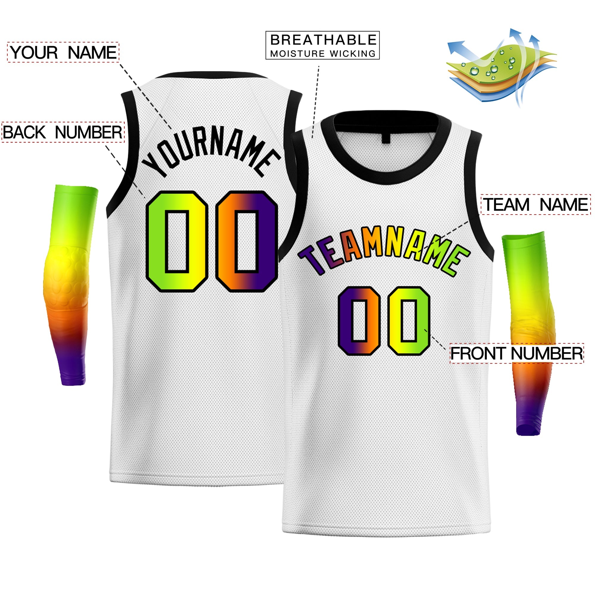 Custom White Purple Green-Black Gradient Fashion Tops Basketball Jersey