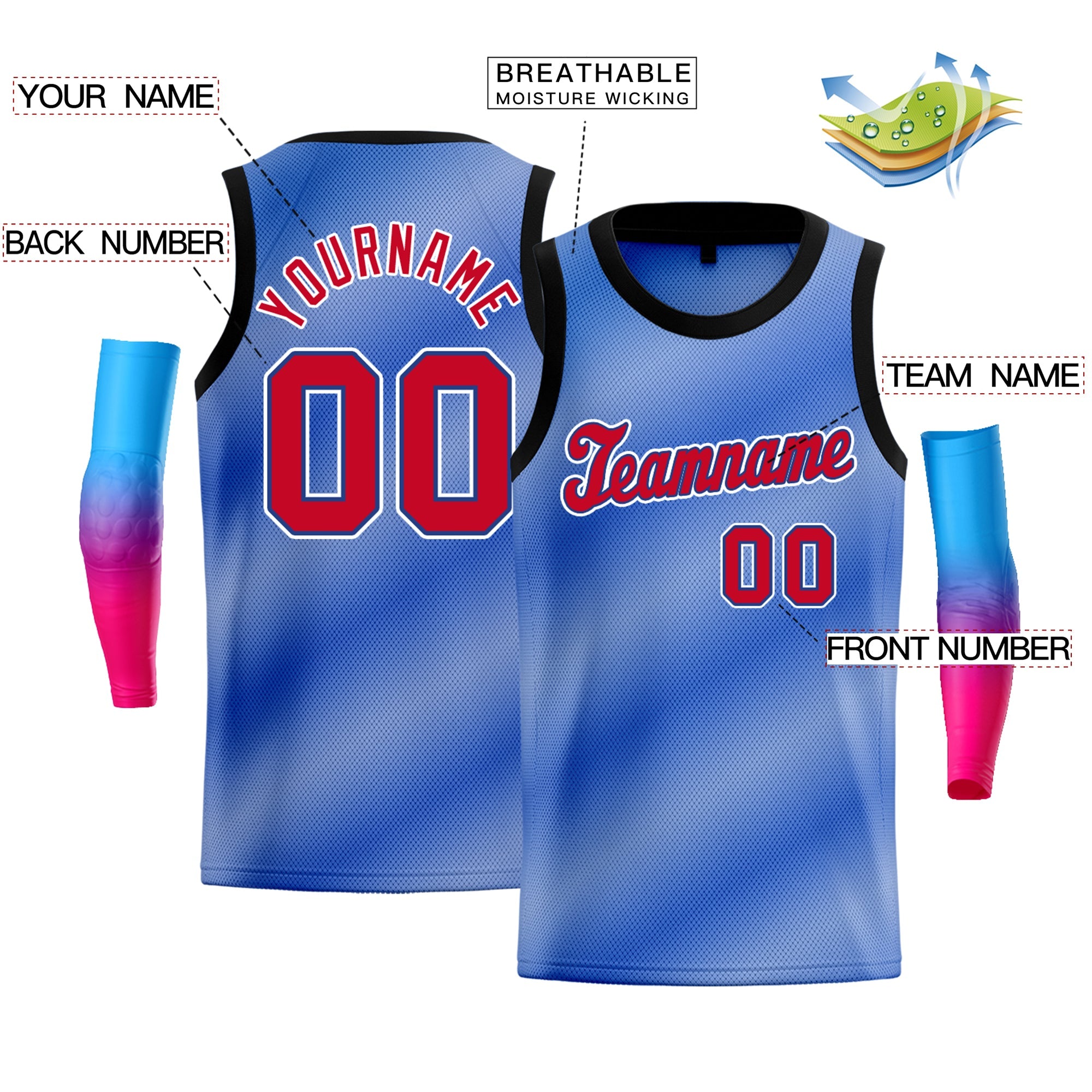 Custom Light Blue Red-White Gradient Fashion Tops Basketball Jersey