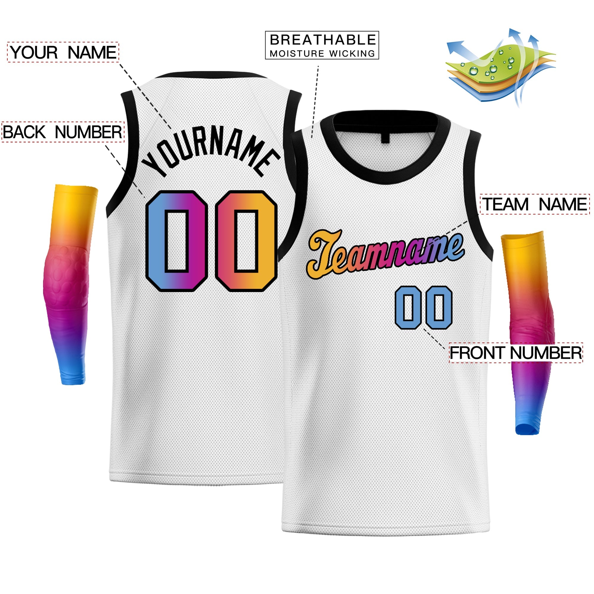 Custom White Light Blue Yellow-Black Gradient Fashion Tops Basketball Jersey