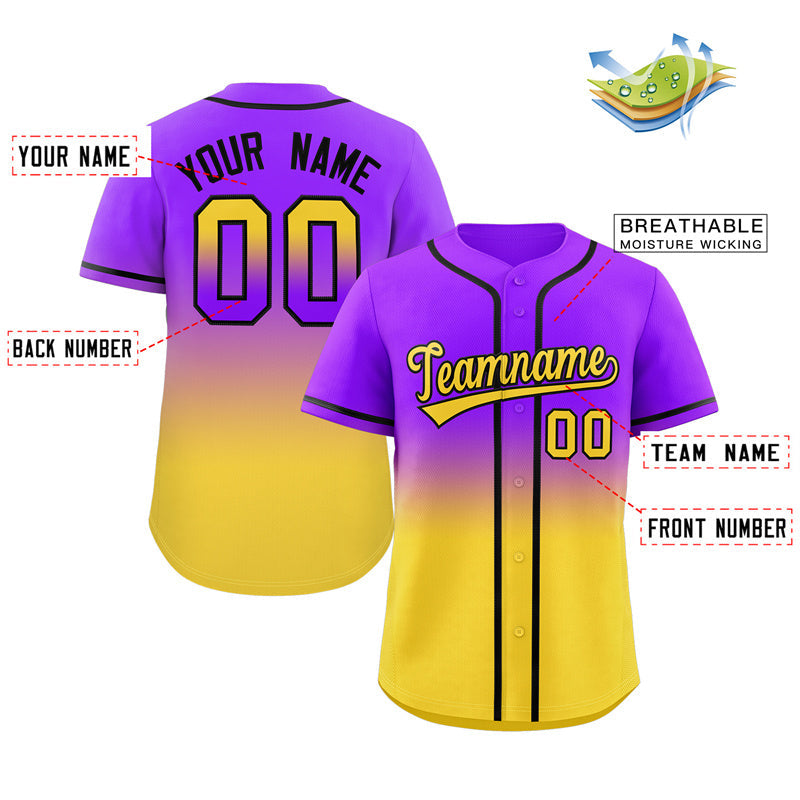 Maillot de baseball authentique à la mode dégradé d'or violet personnalisé