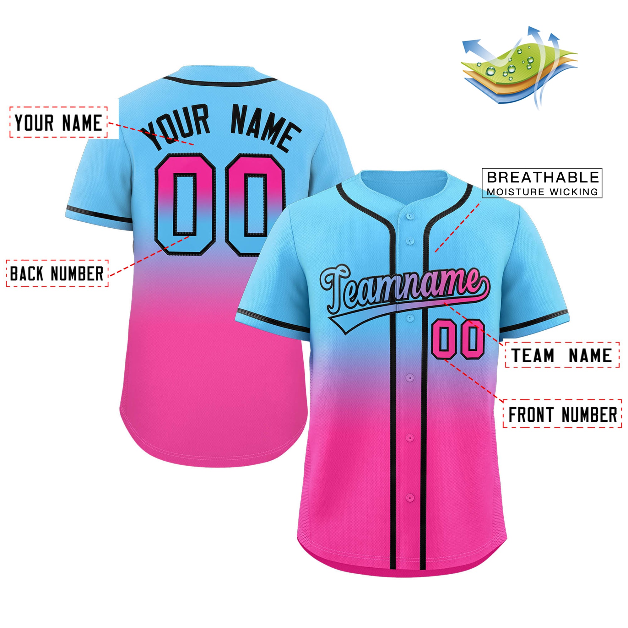 Maillot de baseball authentique personnalisé à la mode dégradé bleu clair rose