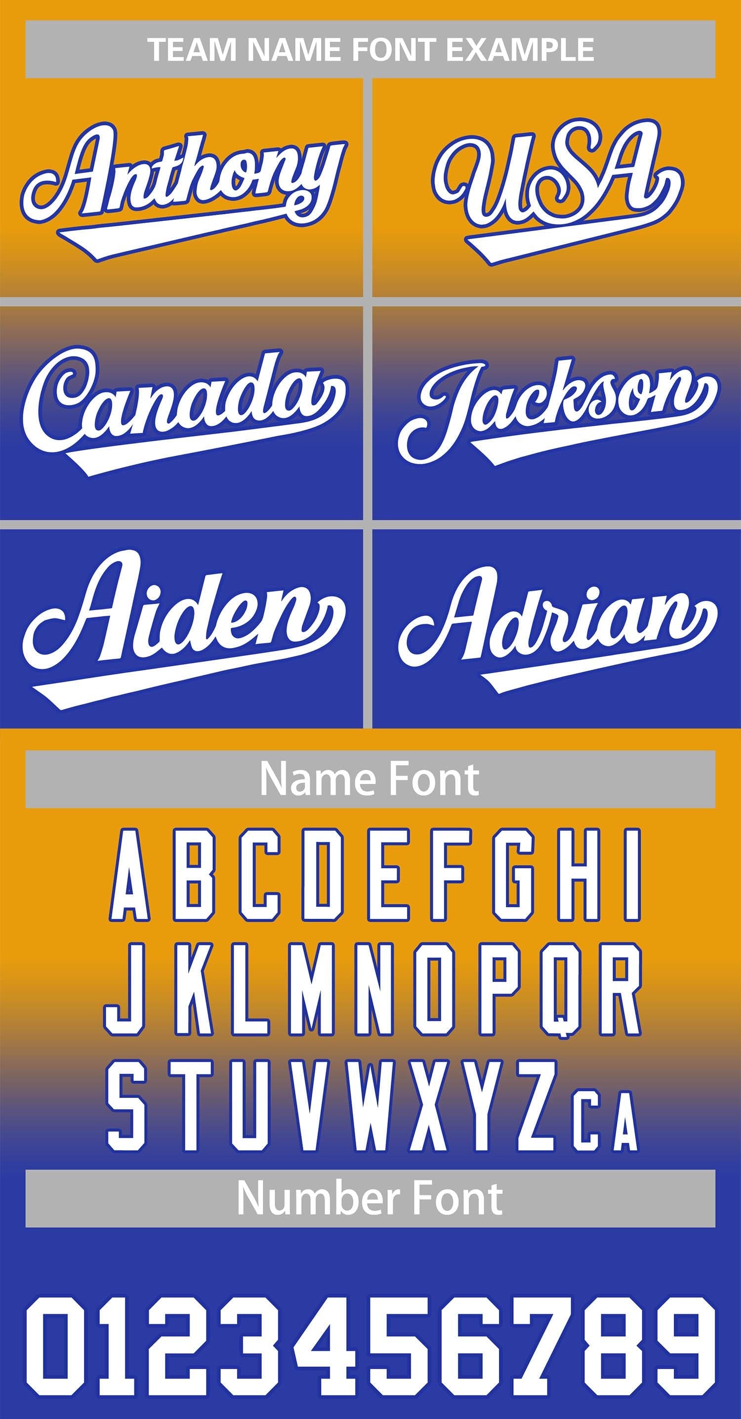 custom yellow and royal blue gradient baseball jersey font style