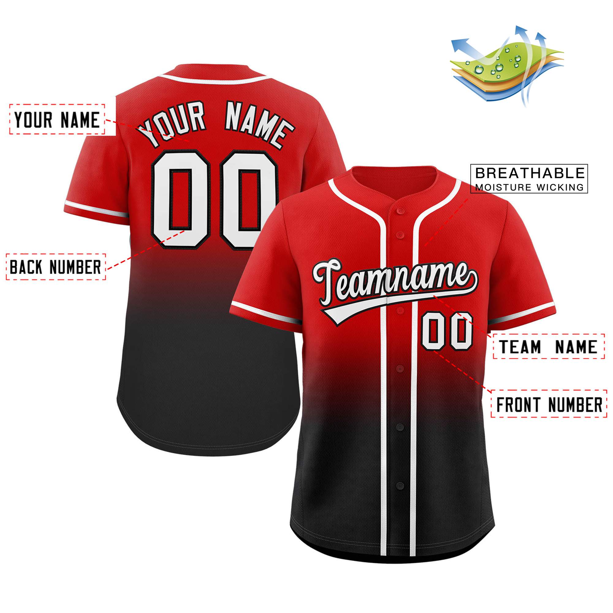 red and black gradient baseball jersey