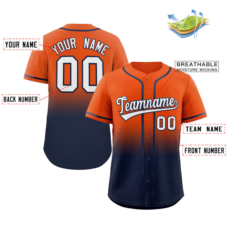 Maillot de baseball authentique à la mode dégradé bleu marine orange personnalisé