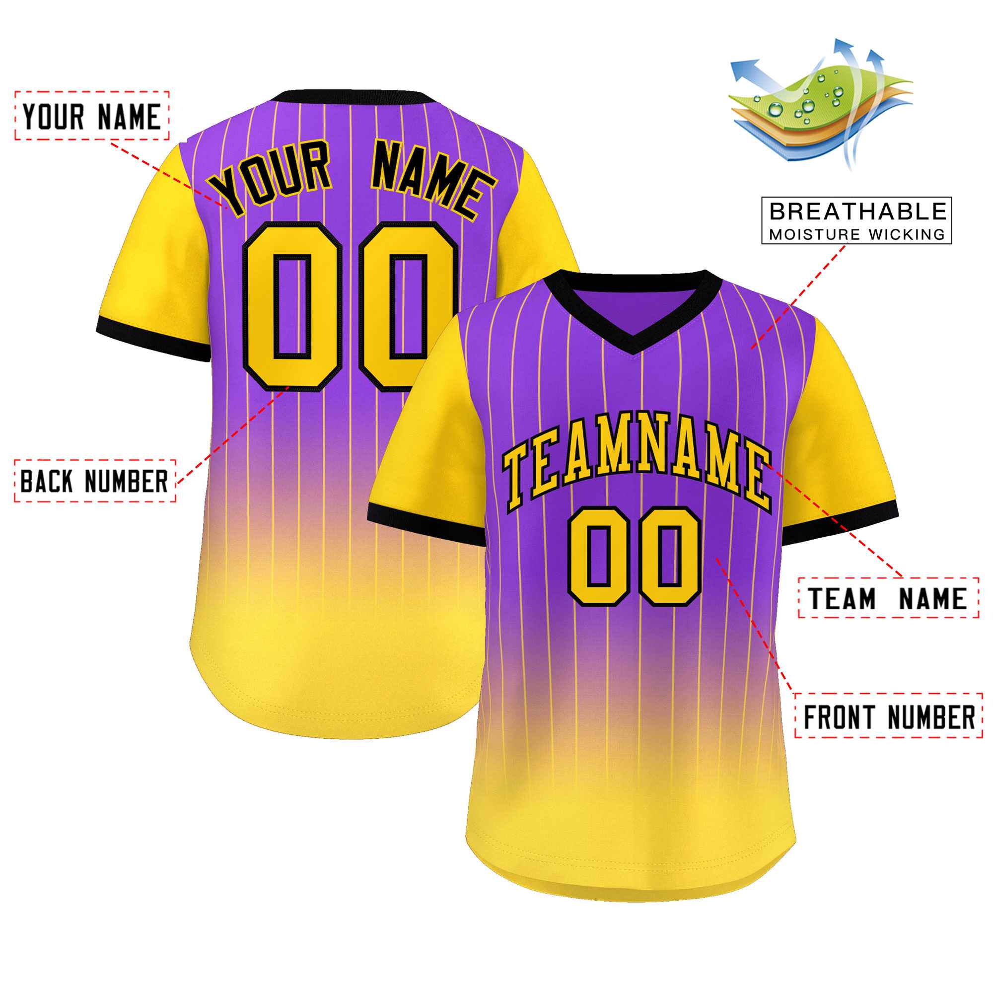 Custom Purple Gold-Black Gradient Fashion Authentic Pullover Pinstripe Baseball Jersey