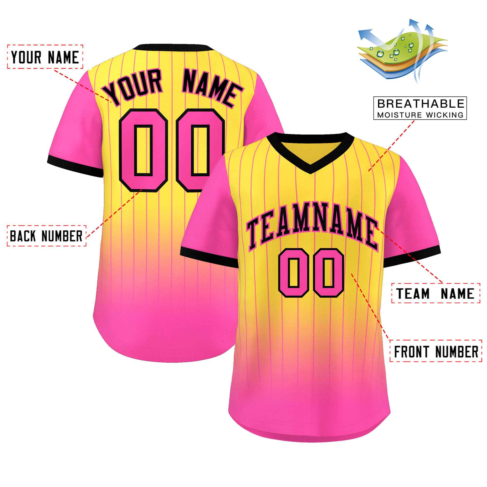 Custom Gold Pink-Black Gradient Fashion Authentic Pullover Pinstripe Baseball Jersey