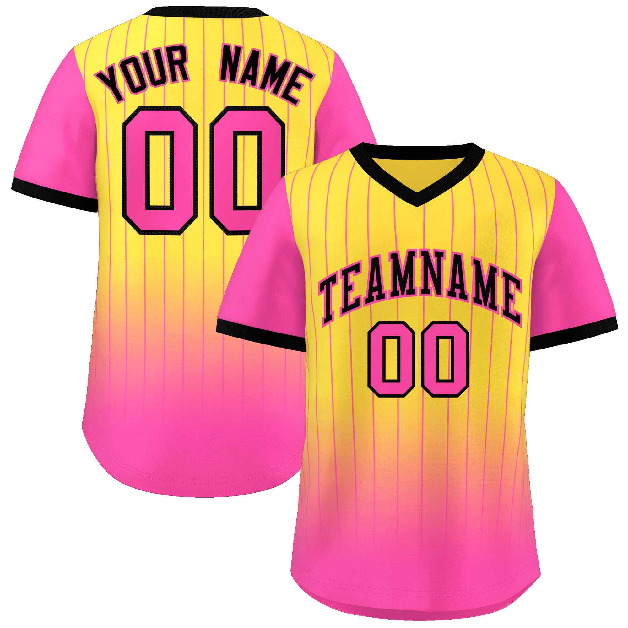 Custom Gold Pink-Black Gradient Fashion Authentic Pullover Pinstripe Baseball Jersey