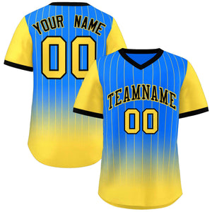 Custom Light Blue Gold-Black Gradient Fashion Authentic Pullover Pinstripe Baseball Jersey