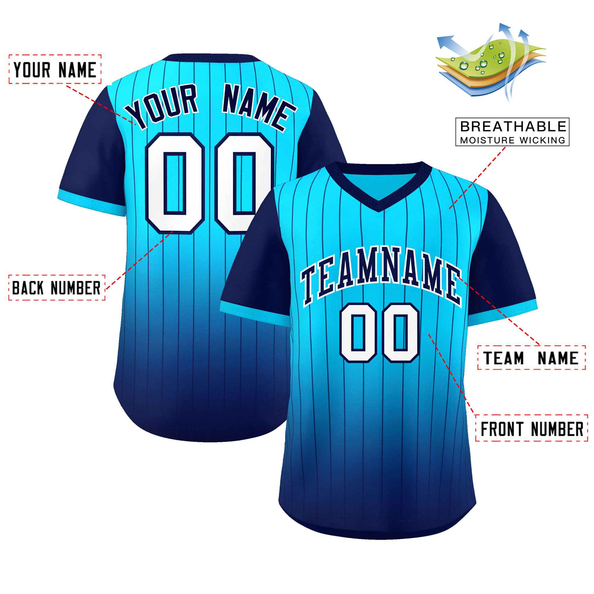 Custom Light Blue Navy-White Gradient Fashion Authentic Pullover Pinstripe Baseball Jersey