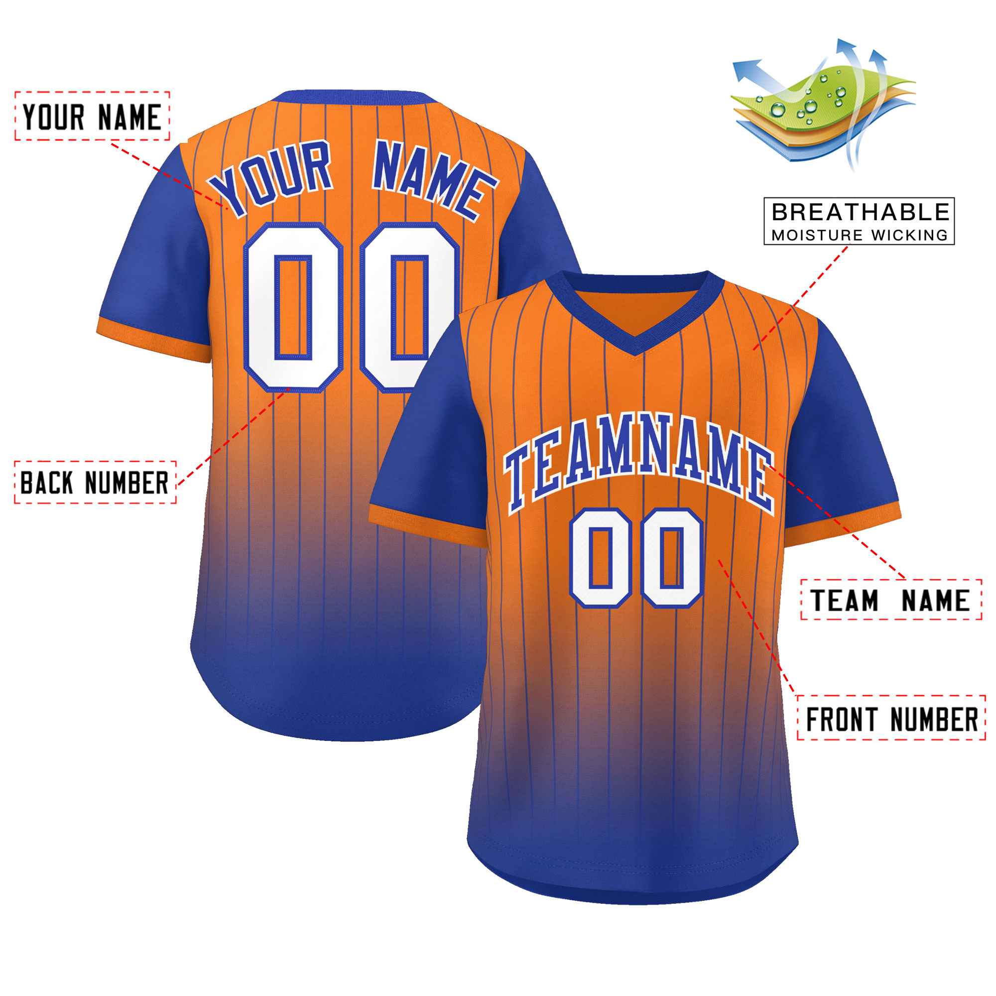 Custom Orange Royal-White Gradient Fashion Authentic Pullover Pinstripe Baseball Jersey