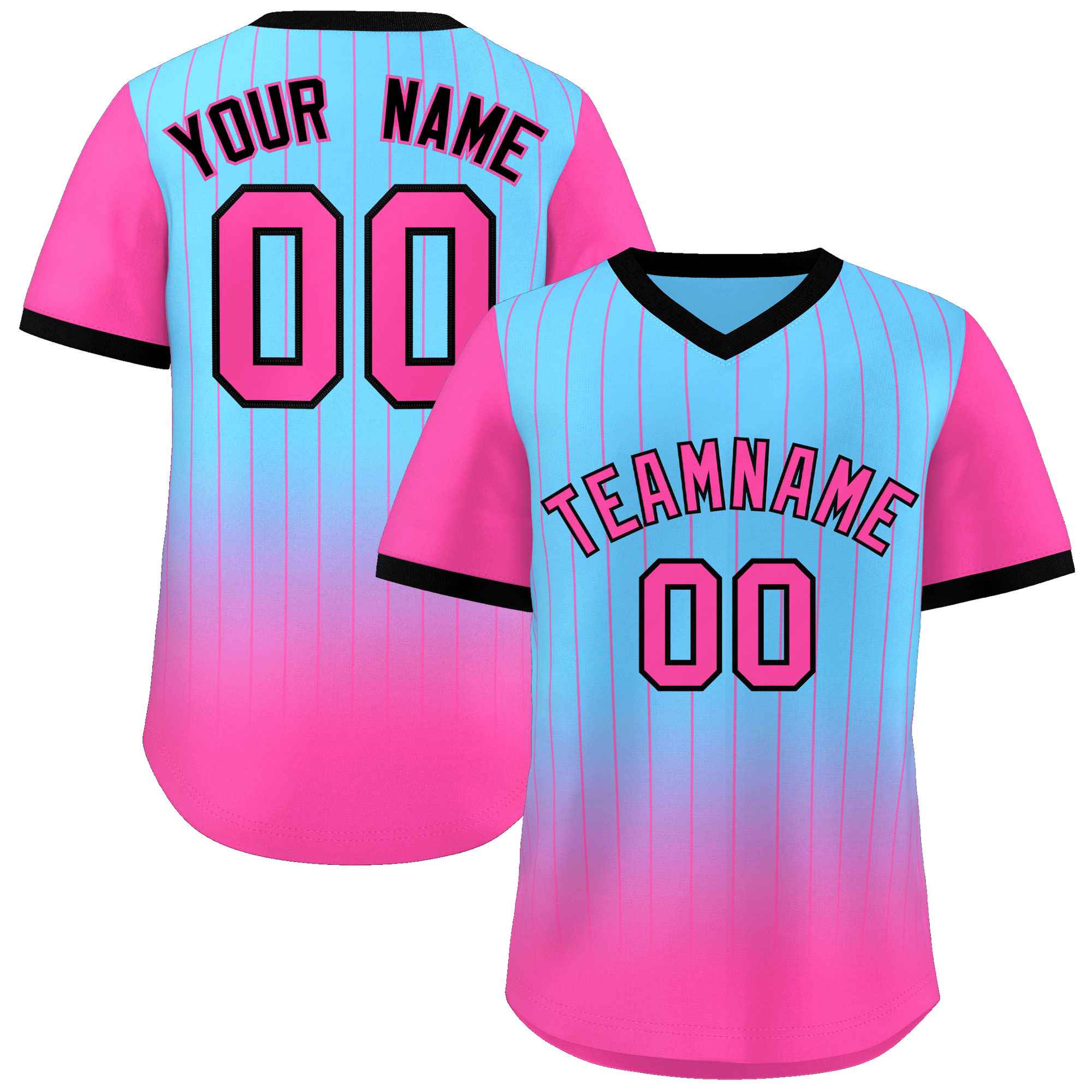 Custom Light Blue Pink-Black Gradient Fashion Authentic Pullover Pinstripe Baseball Jersey