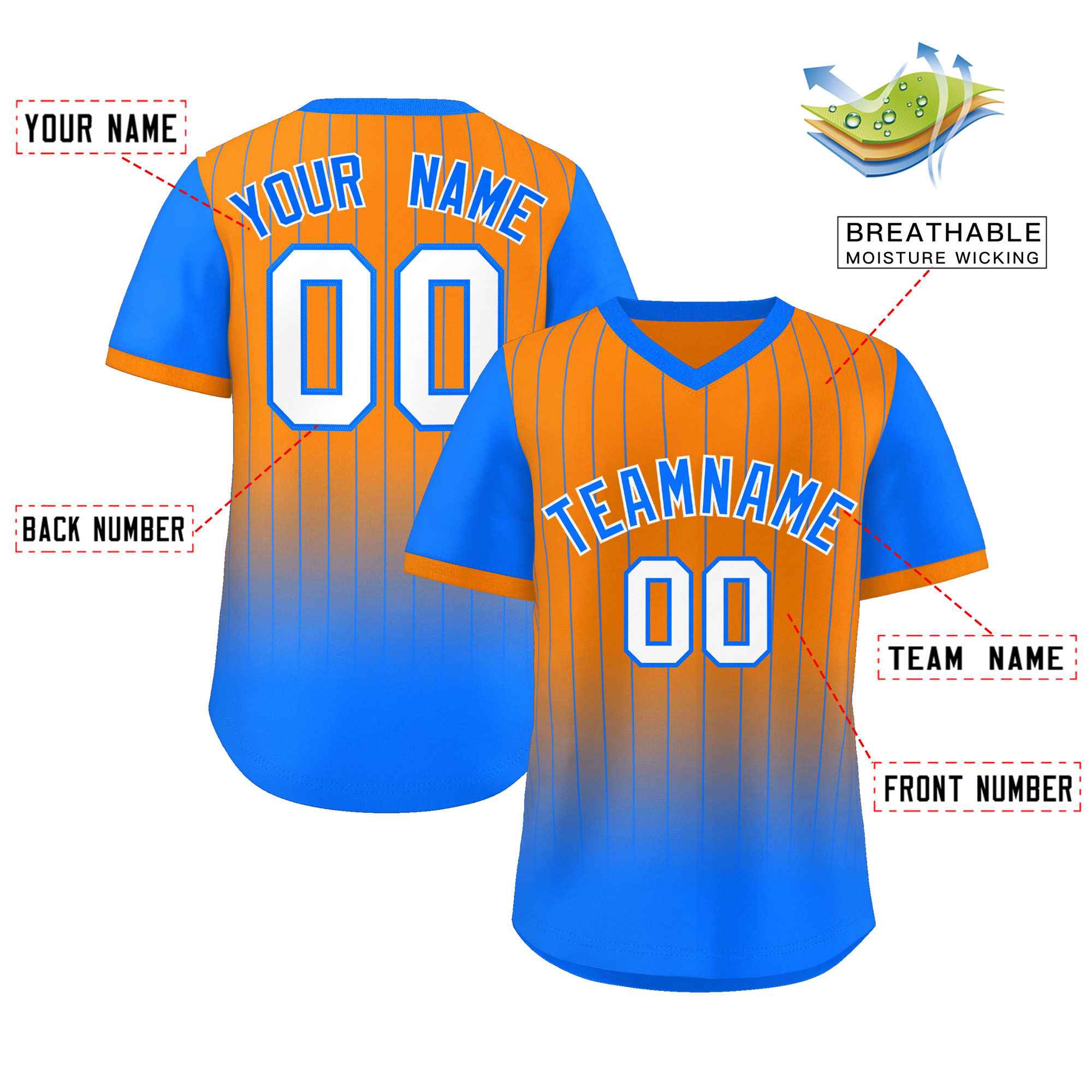 Custom Orange Light Blue-White Gradient Fashion Authentic Pullover Pinstripe Baseball Jersey