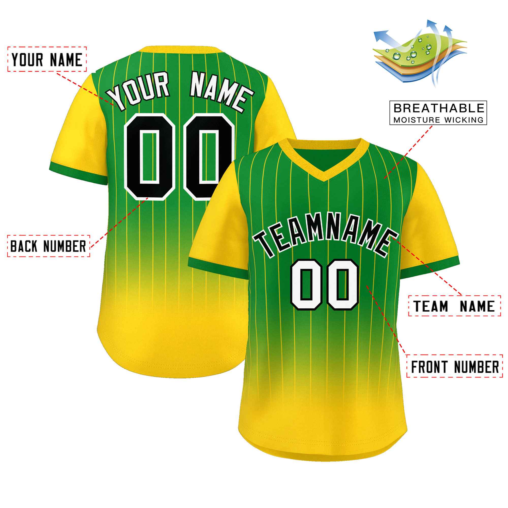 Custom Kelly Green Gold-Black Gradient Fashion Authentic Pullover Pinstripe Baseball Jersey