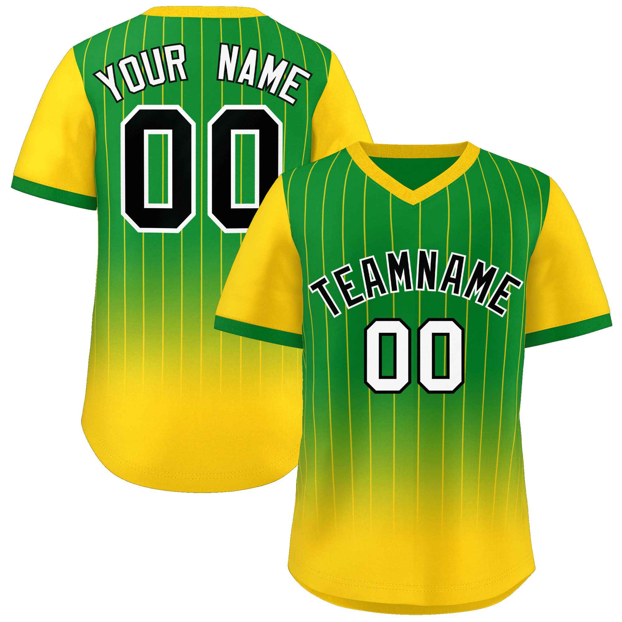 Custom Kelly Green Gold-Black Gradient Fashion Authentic Pullover Pinstripe Baseball Jersey