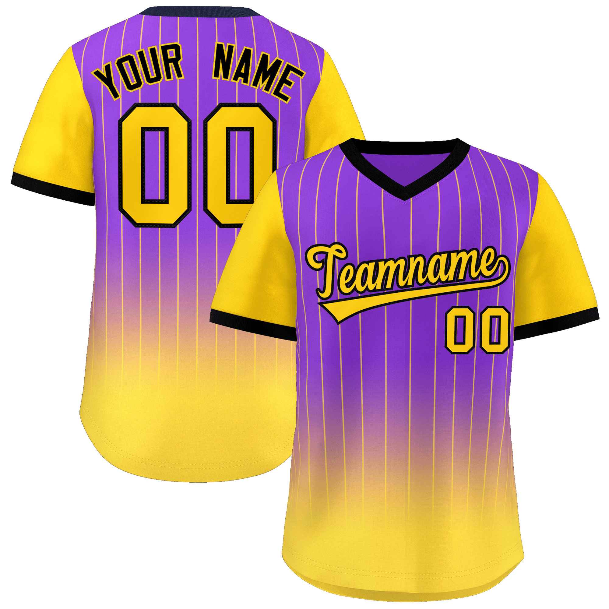 Custom Purple Gold-Black Gradient Fashion Authentic Pullover Pinstripe Baseball Jersey