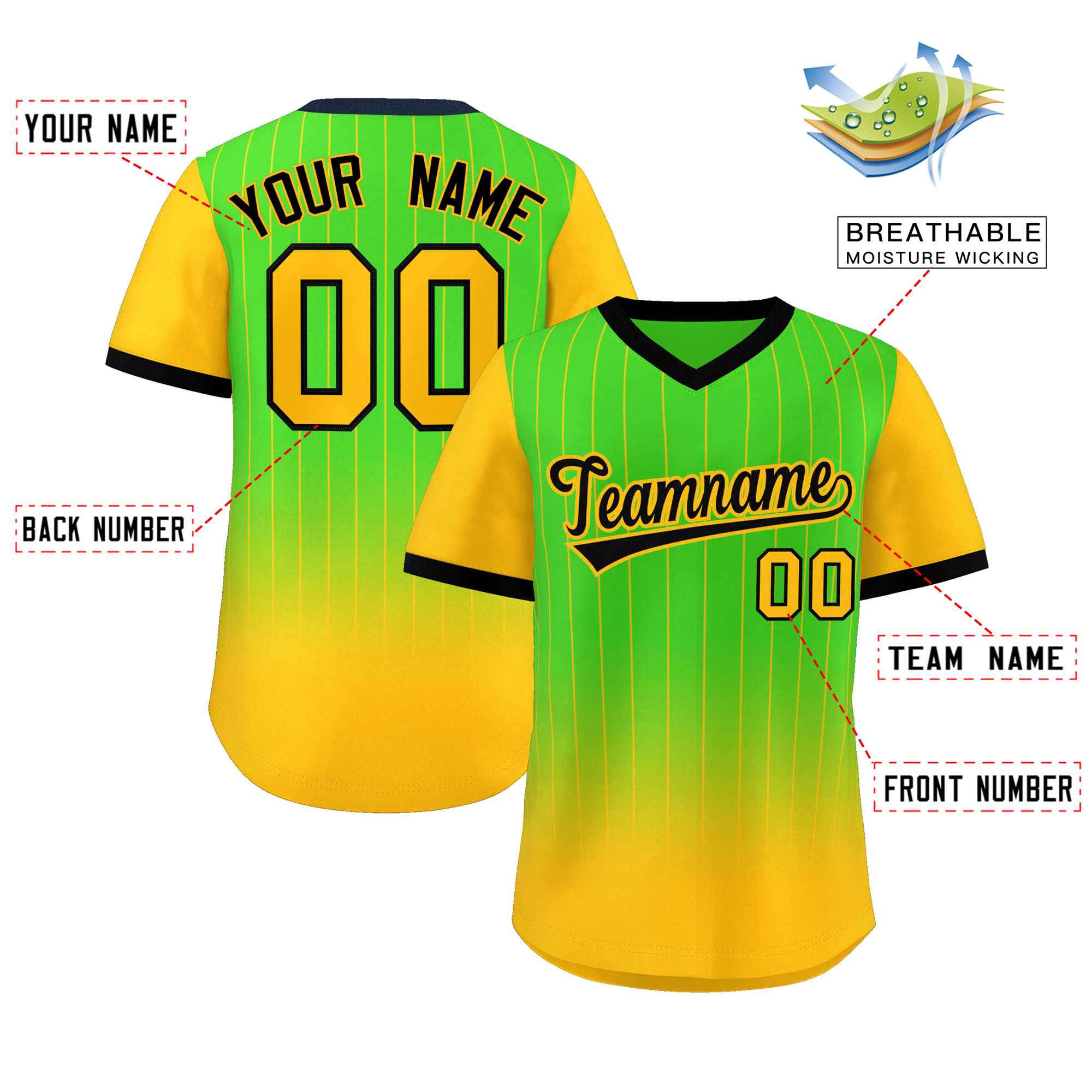 Custom Neon Green Gold-Black Gradient Fashion Authentic Pullover Pinstripe Baseball Jersey