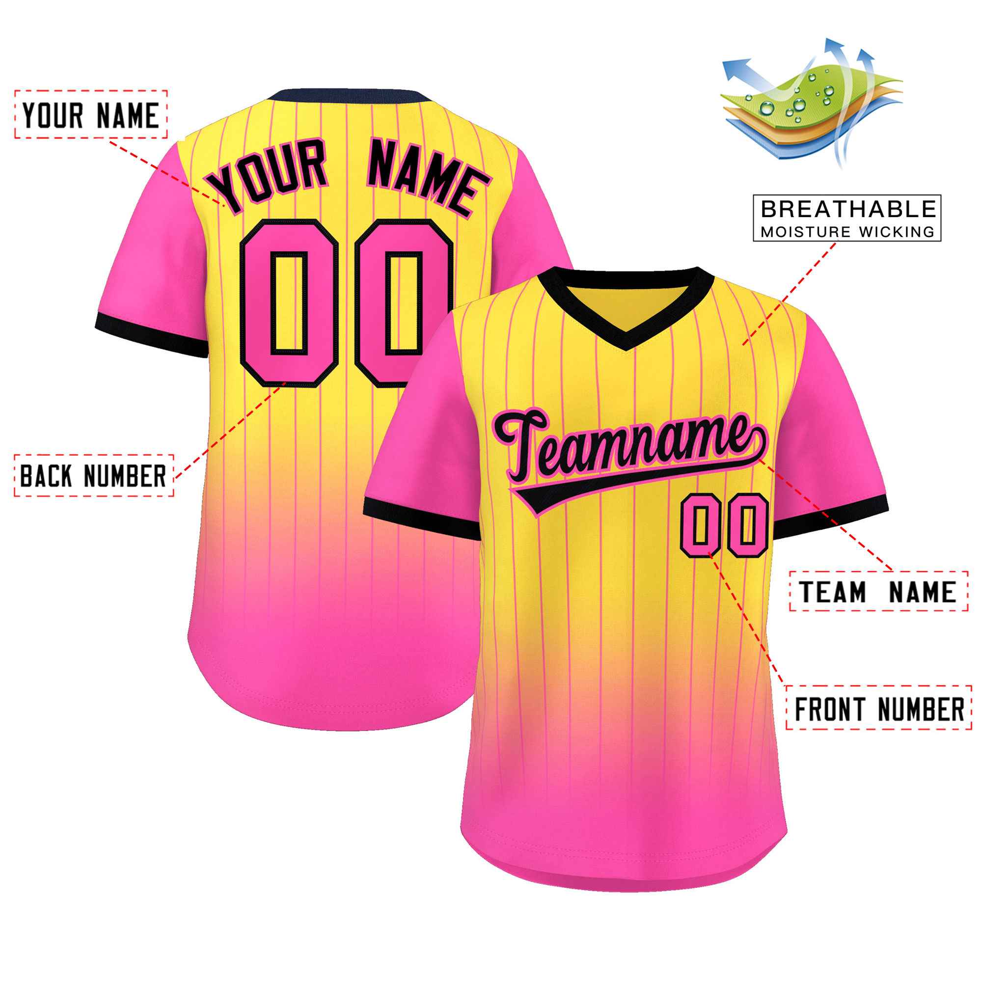 Custom Gold Pink-Black Gradient Fashion Authentic Pullover Pinstripe Baseball Jersey