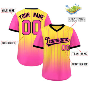 Custom Gold Pink-Black Gradient Fashion Authentic Pullover Pinstripe Baseball Jersey