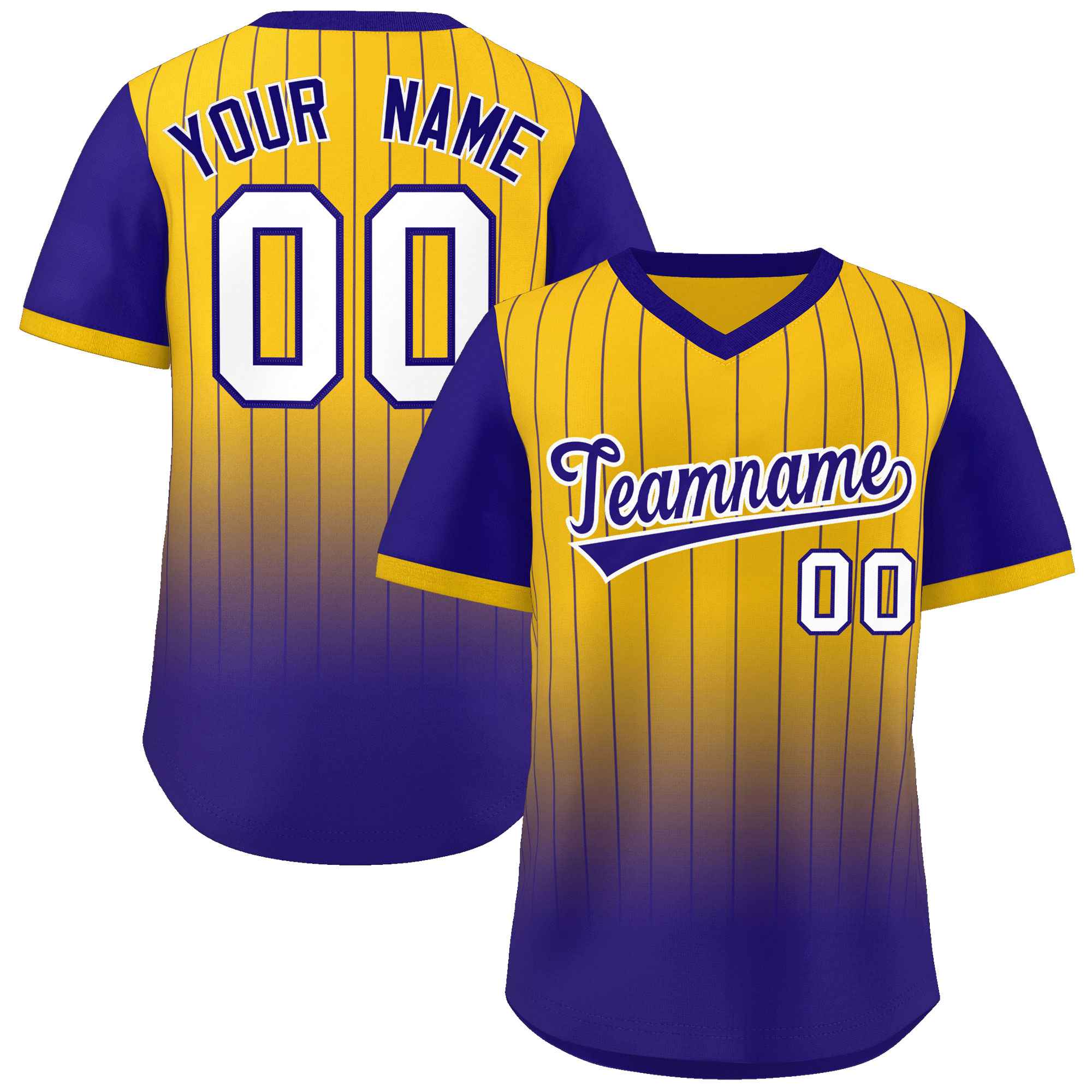 Custom Yellow Royal-White Gradient Fashion Authentic Pullover Pinstripe Baseball Jersey