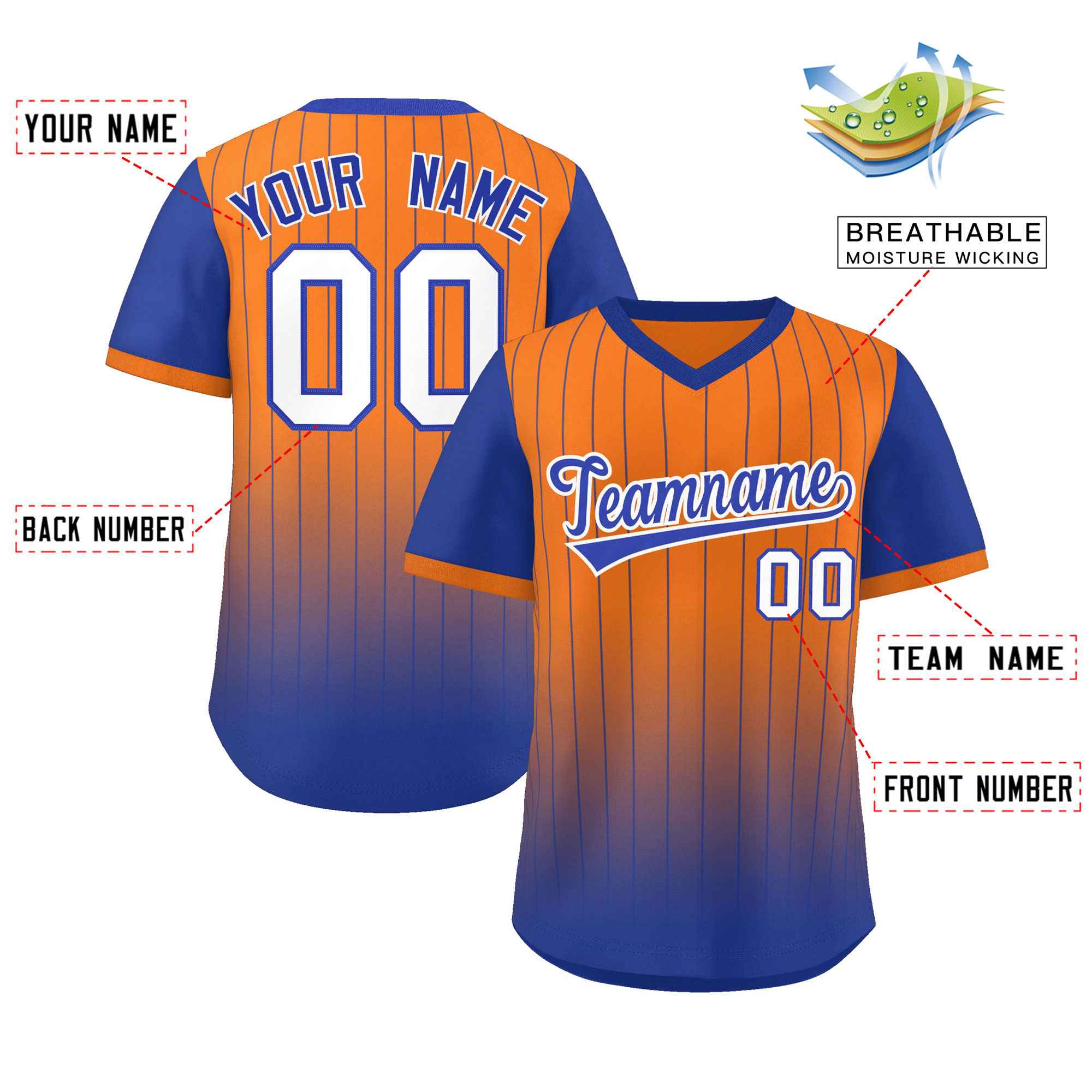 Custom Orange Royal-White Gradient Fashion Authentic Pullover Pinstripe Baseball Jersey