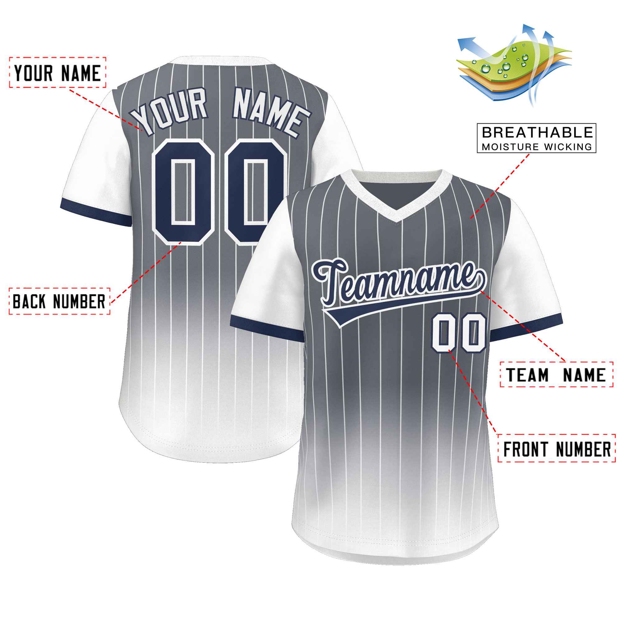 Custom Dark Gray White-Navy Gradient Fashion Authentic Pullover Pinstripe Baseball Jersey