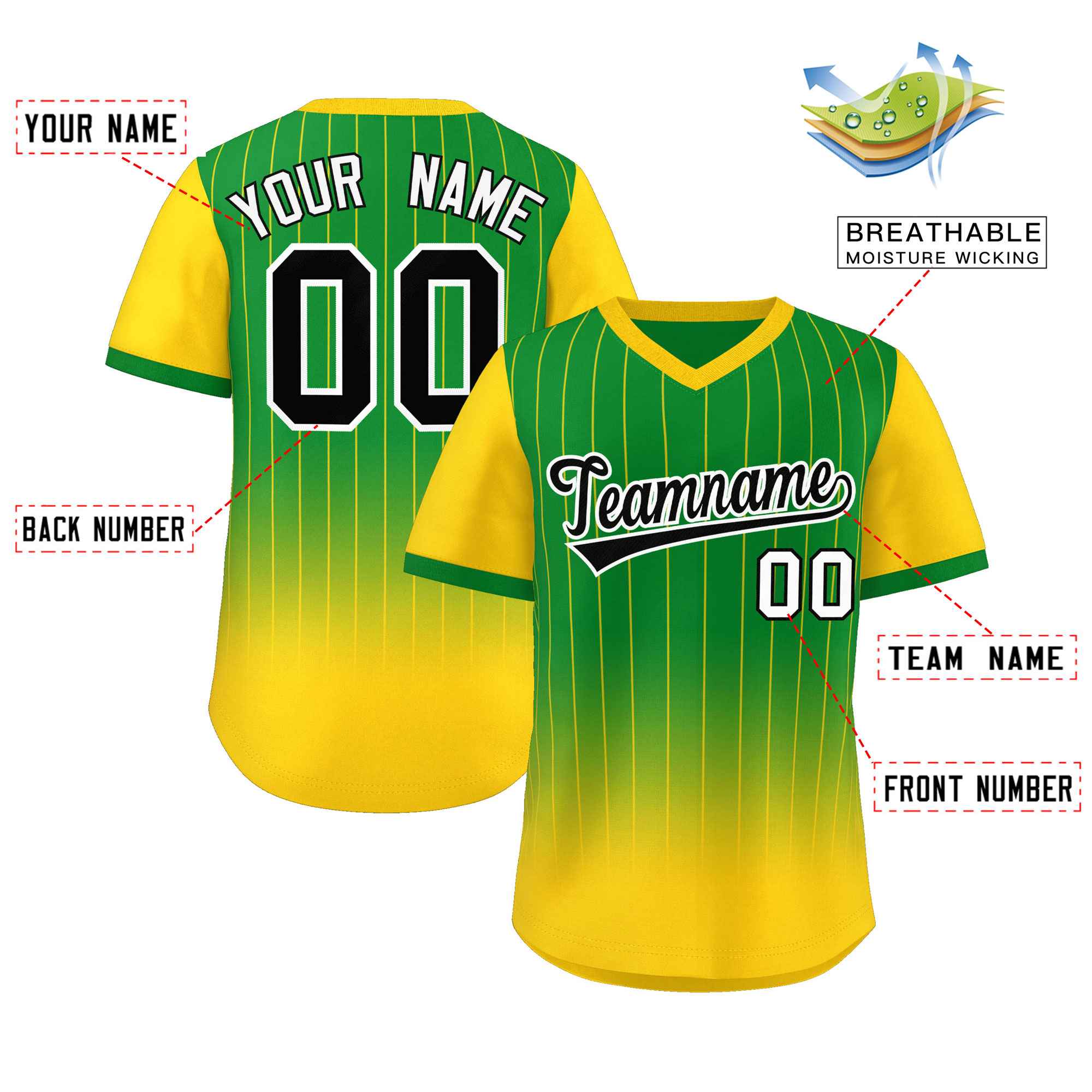 Custom Kelly Green Gold-Black Gradient Fashion Authentic Pullover Pinstripe Baseball Jersey