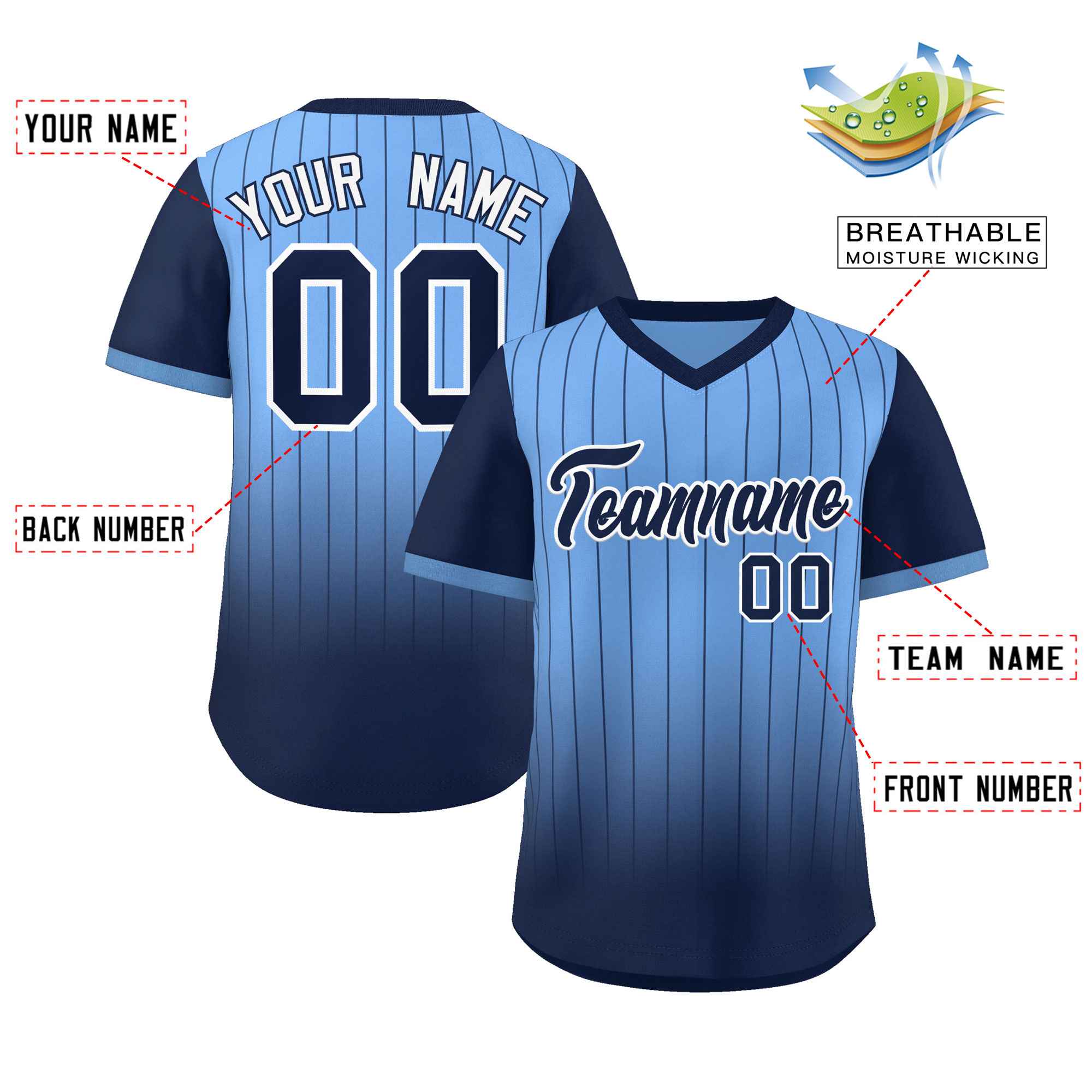 Custom Light Blue Navy-White Gradient Fashion Authentic Pullover Pinstripe Baseball Jersey