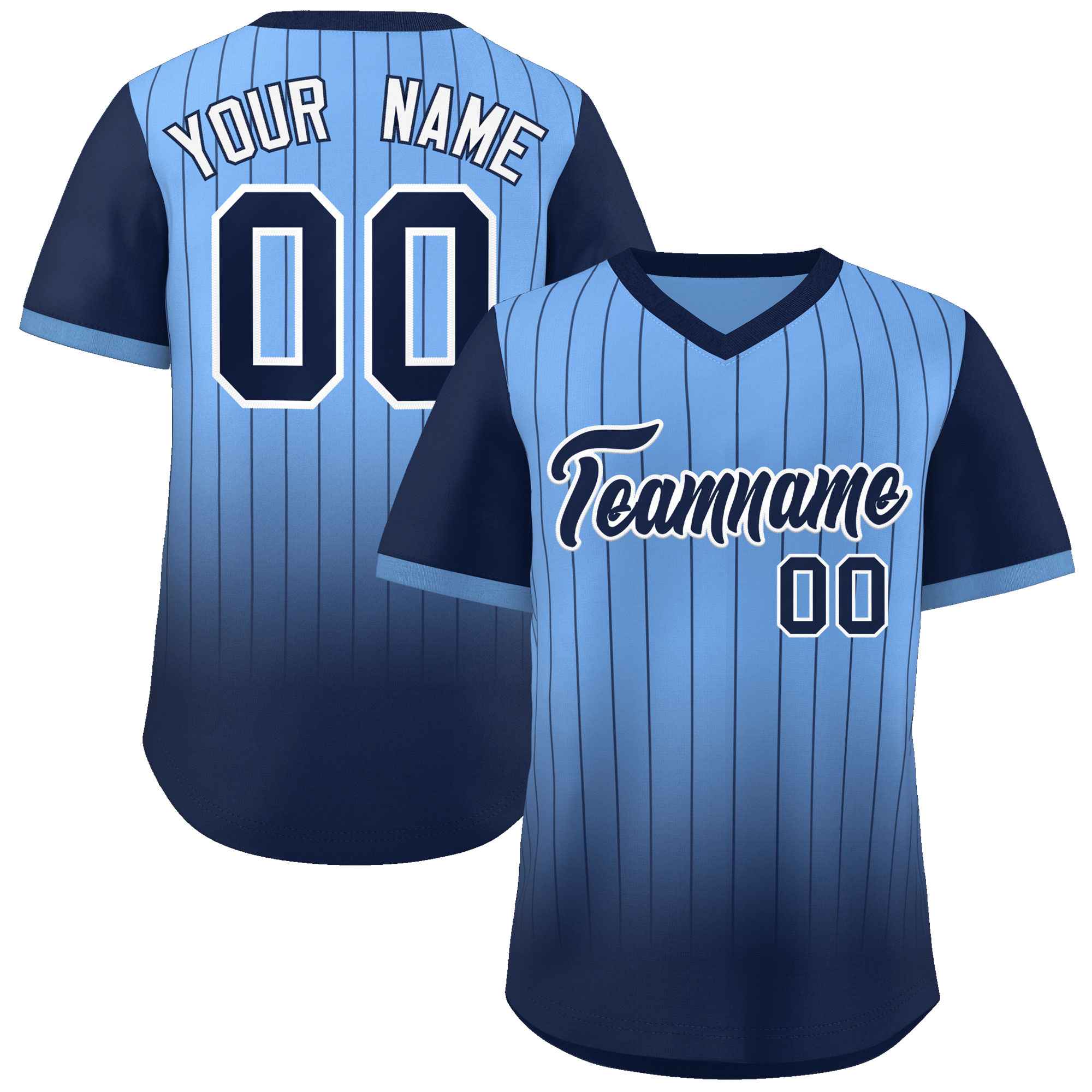 Custom Light Blue Navy-White Gradient Fashion Authentic Pullover Pinstripe Baseball Jersey