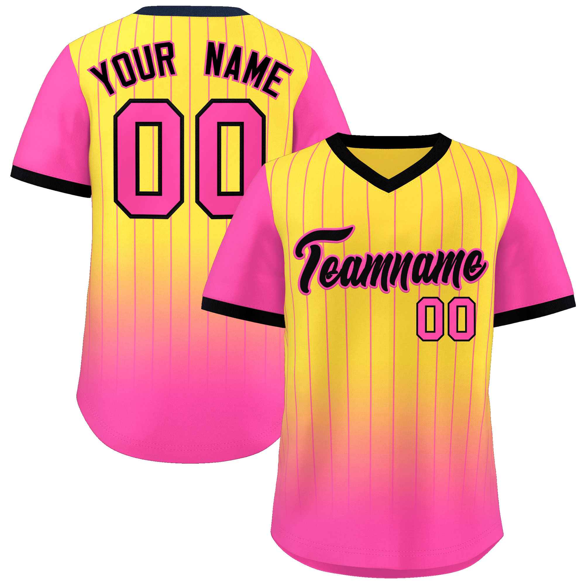 Custom Gold Pink-Black Gradient Fashion Authentic Pullover Pinstripe Baseball Jersey