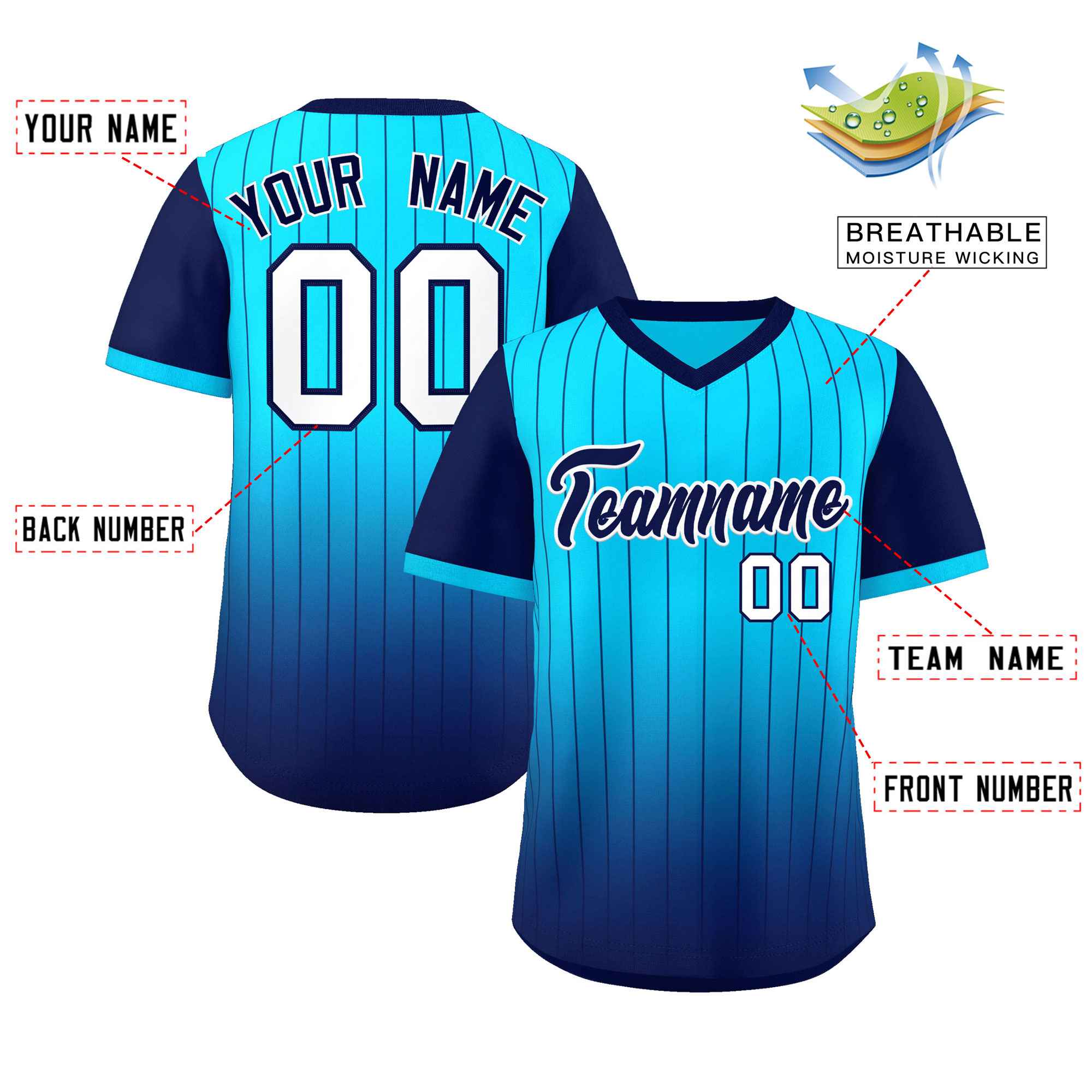 Custom Light Blue Navy-White Gradient Fashion Authentic Pullover Pinstripe Baseball Jersey