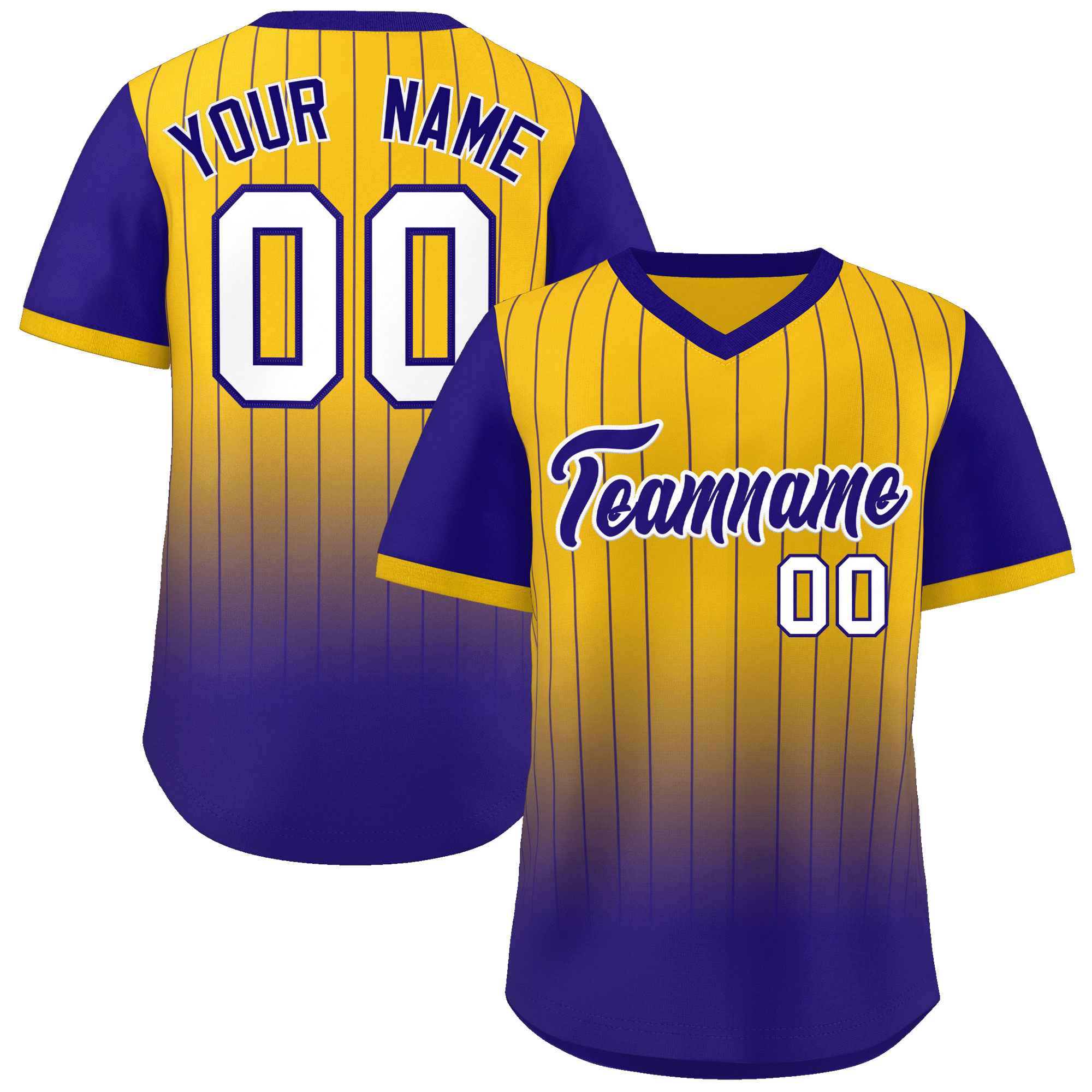 Custom Yellow Royal-White Gradient Fashion Authentic Pullover Pinstripe Baseball Jersey