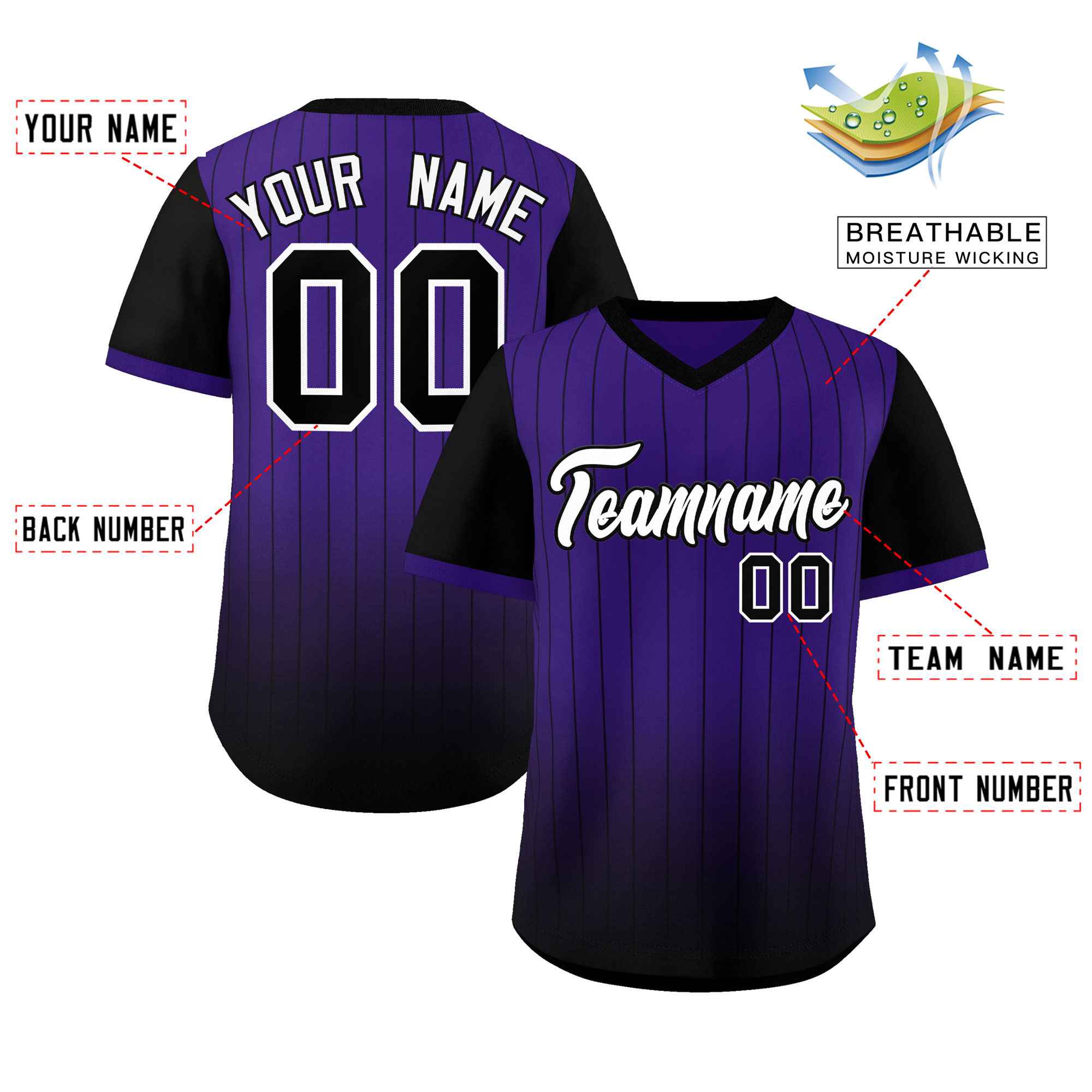 Custom Purple Black-White Gradient Fashion Authentic Pullover Pinstripe Baseball Jersey