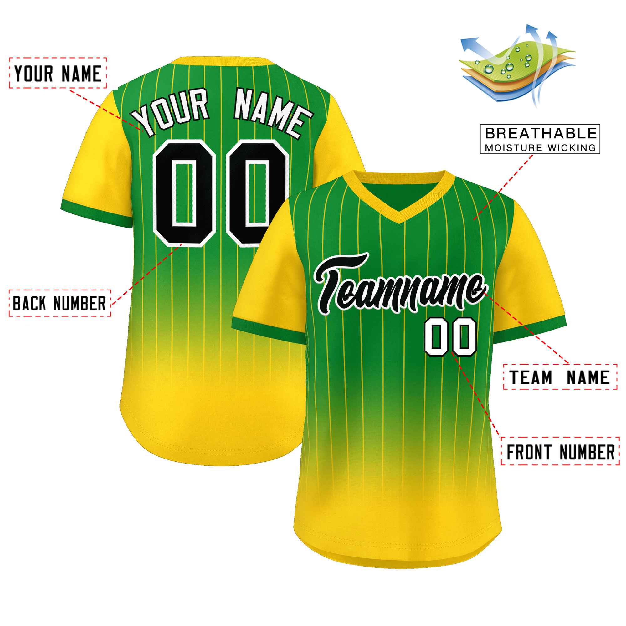 Custom Kelly Green Gold-Black Gradient Fashion Authentic Pullover Pinstripe Baseball Jersey