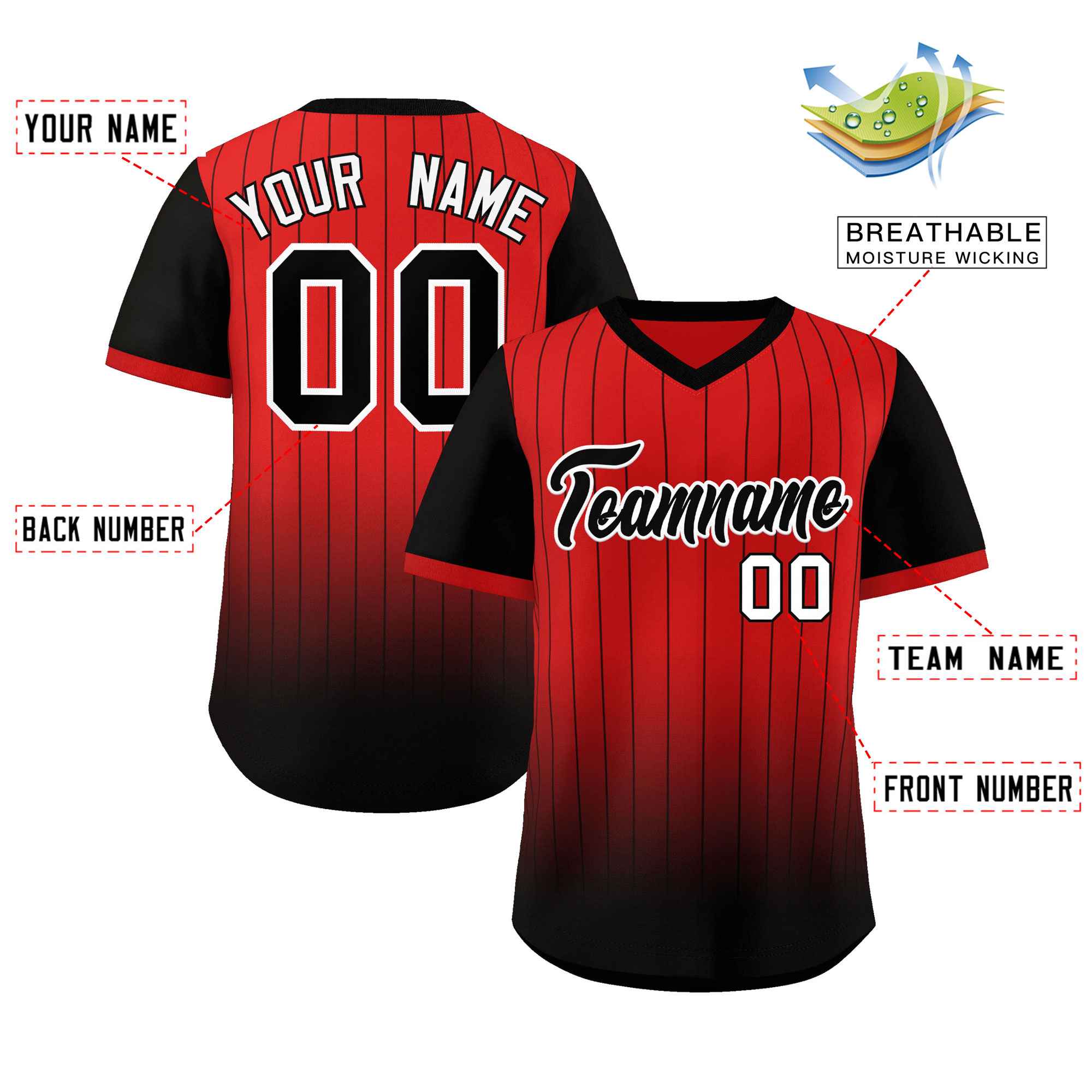 Custom Red Black-White Gradient Fashion Authentic Pullover Pinstripe Baseball Jersey