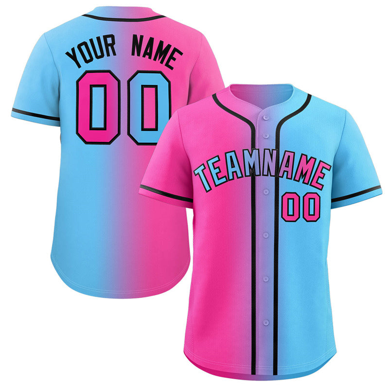 Maillot de baseball personnalisé, bleu clair, rose et noir, dégradé, mode authentique