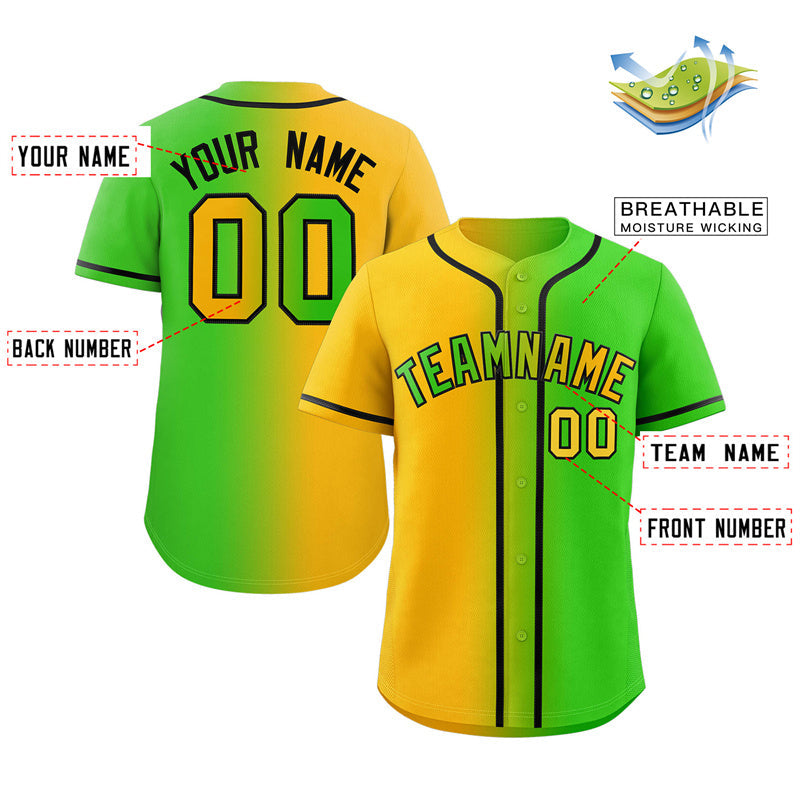 Maillot de baseball personnalisé, vert néon, jaune-noir, dégradé, mode authentique