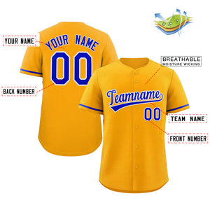 Maillot de baseball authentique de style classique jaune royal-blanc personnalisé